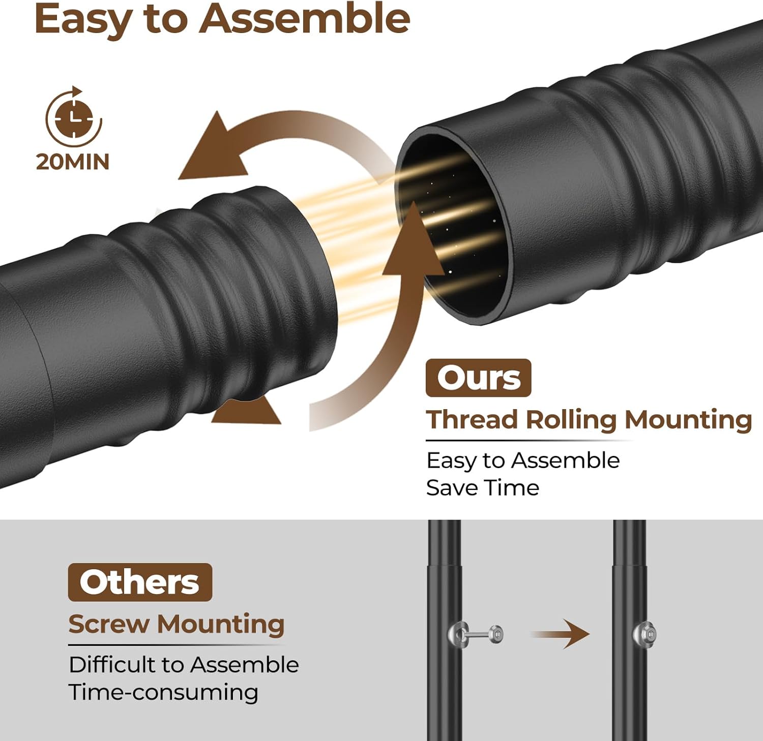 A person assembling the base of the clothes rack, connecting two metal pieces with a screw.