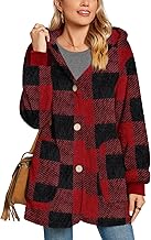 Bestbee Warm Fleece Jackets for Women, Plus Size Fuzzy Hooded Casual Coats Lidies 2025 Cardigan Sweaters Outerwear with Pockets, 2XL, Big Red Plaid