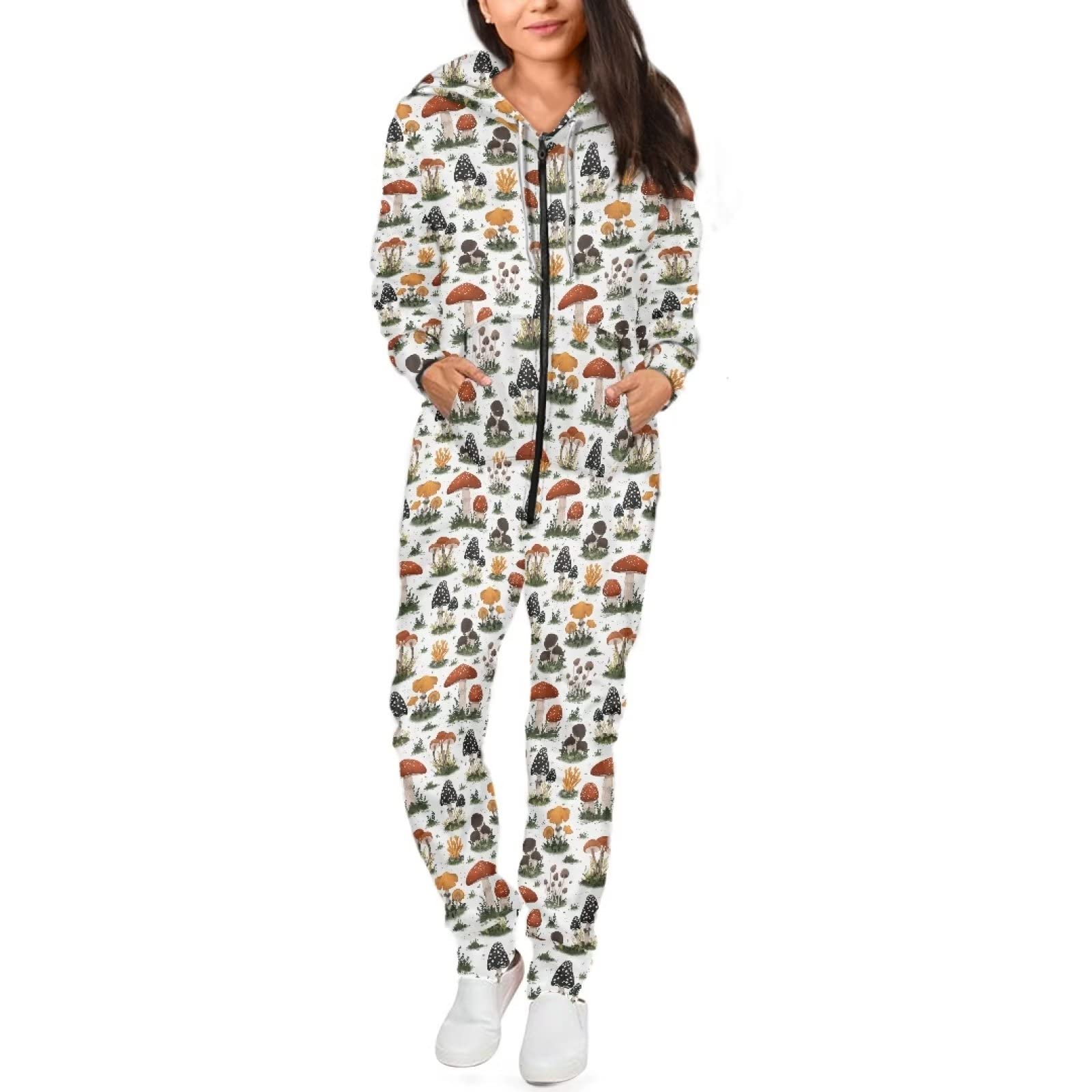 POLERO Pijamas Enteros de una pieza de vaca con cremallera para mujeres y hombres, ropa de dormir con bolsillo y cordón con capucha, Setas, S