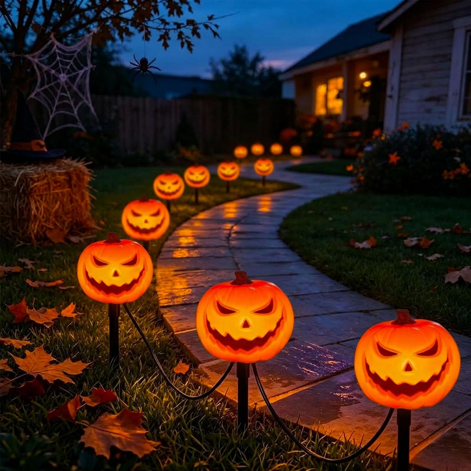 4PK Halloween Pumpkin Pathway Lights Outdoor, 7Ft Jack O Lantern Stake String Lights Waterproof, C7 Connectable Orange Halloween LED Decorations Lights with Stakes for Patio Garden Lawn Patch Party