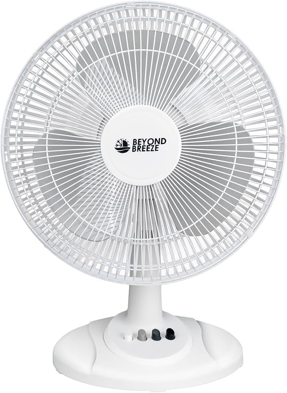 BEYOND BREEZE Oscillating Table Fan for Bedroom, 12-Inch & 3 Speeds, White | Quiet Desk Fan with Adjustable Tilt, 70° Wide Oscillation, Safety Grill, Ideal for Home Bedroom Office