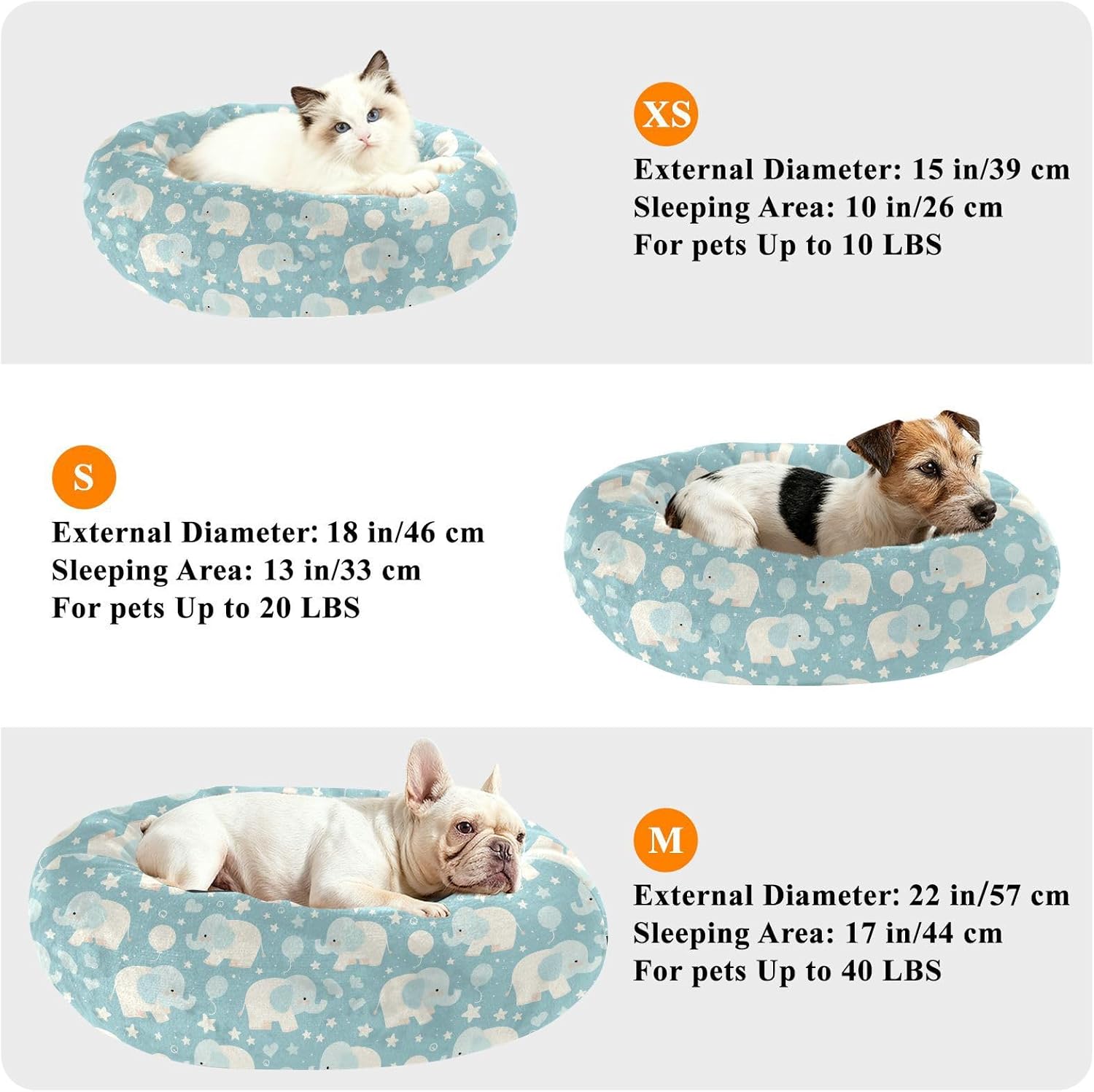 Pet Dog Beds Calming Anti Anxiety Fluffy Dog Pillow Bed for Extra Small Size Pets Sleeping M Blue Elephants
