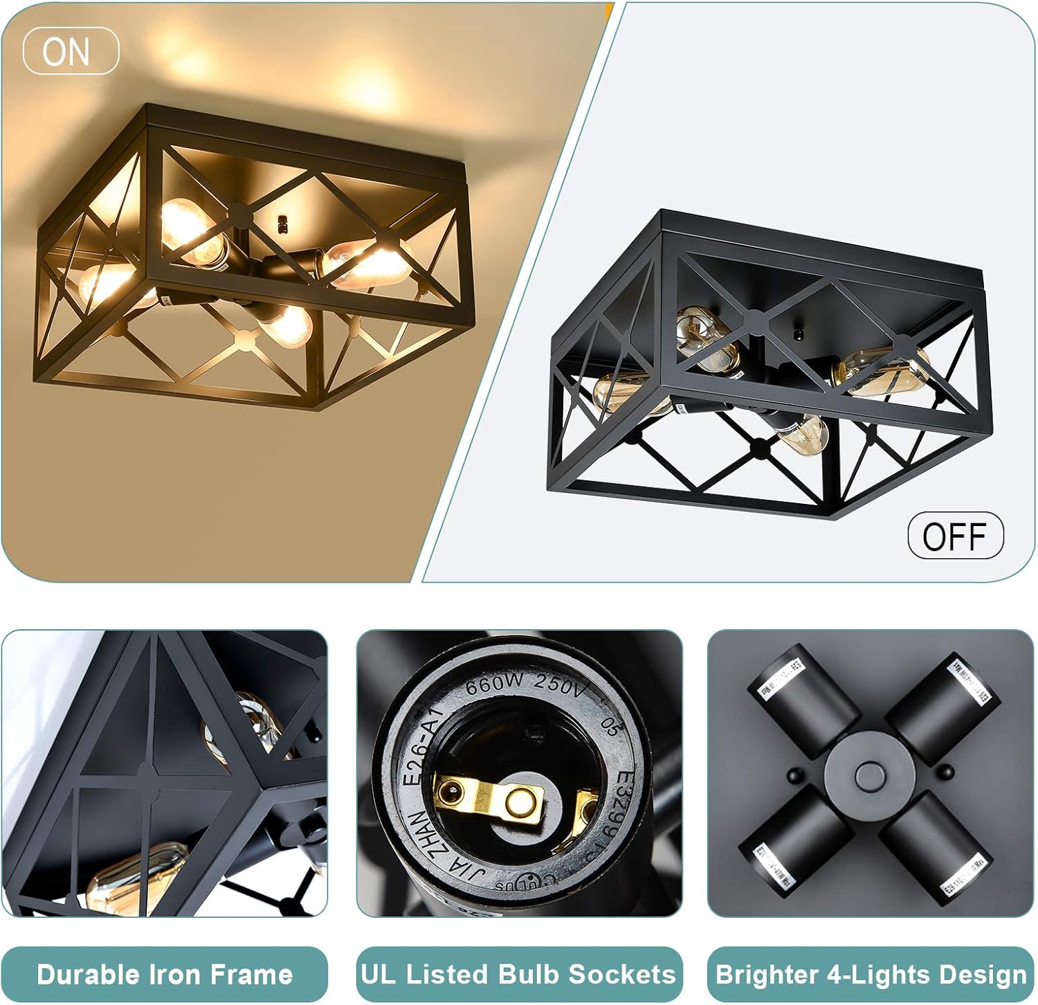Top Brands Eyassi Farmhouse Flush Mount Ceiling Light, Industrial 4-Light Farmhouse Light Fixtures, Vintage Black Metal Cage E26 Close to Ceiling Light Fixtures for Kitchen Island Living Room Bedroom Entryway
