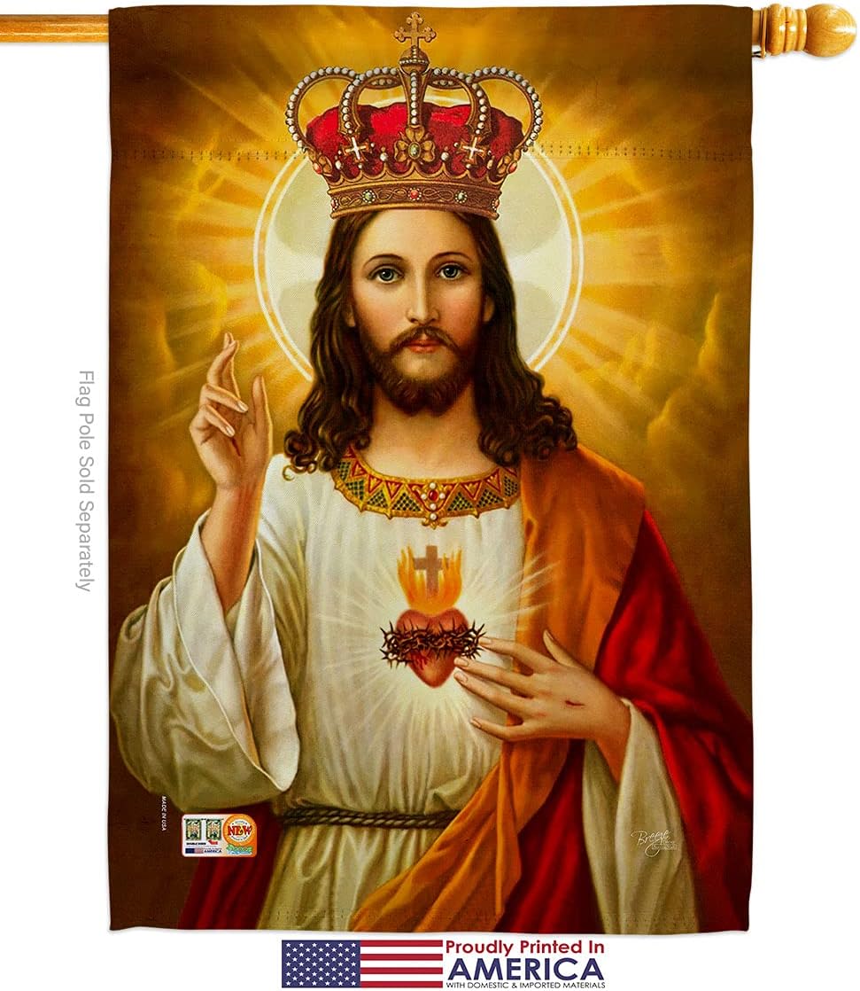 Breeze Decor Sacred Heart Jesus with Crown House Flag Dowel Set Religious Faith Hope Grace Peace Dove Christian Religion Easter Small Decorative Gift Yard Banner Made in USA 28 X 40