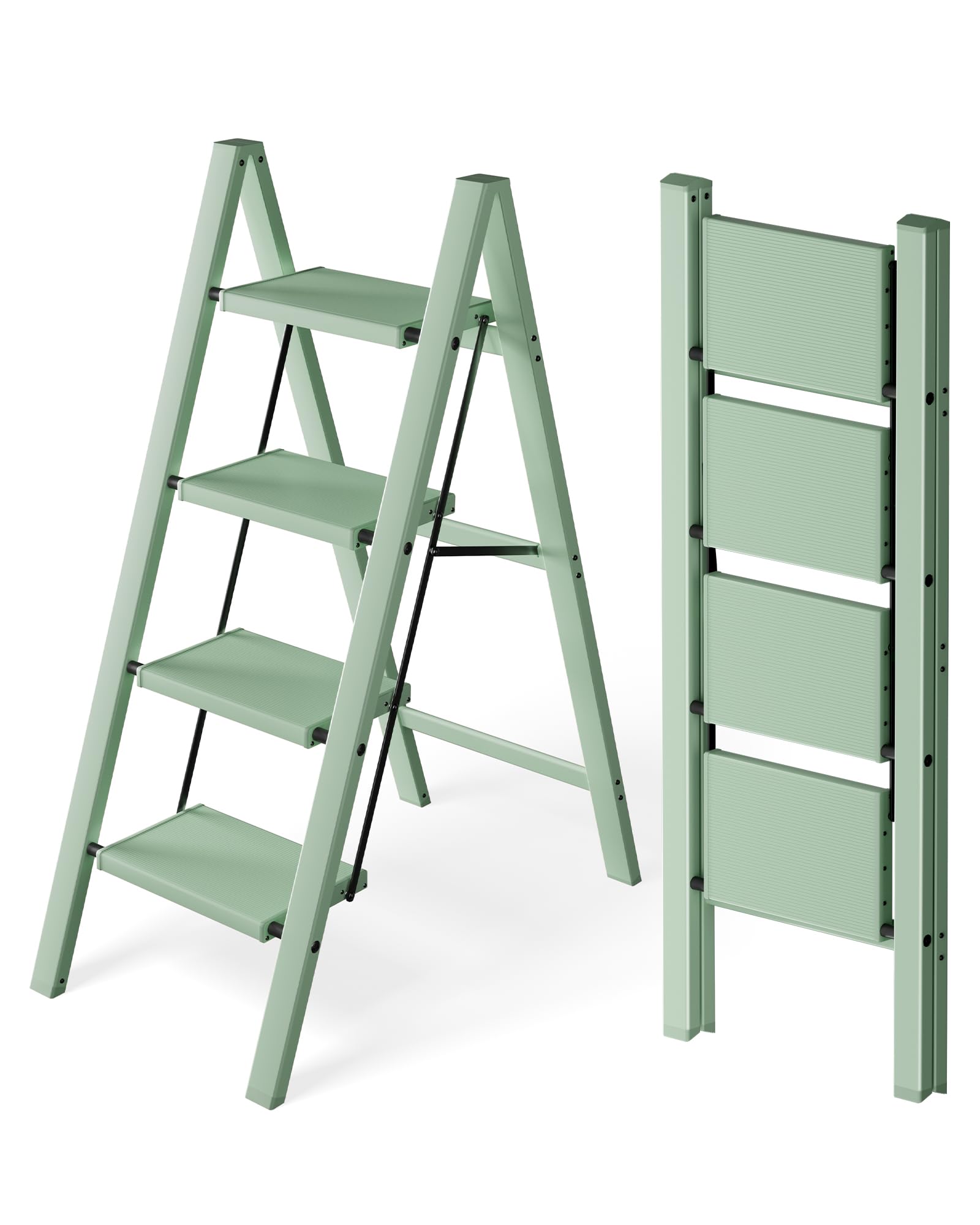Escalera Plegable de 4 peldaños, Capacidad de 150 kg con Pedal Antideslizante, Taburete portátil de Aluminio, fácil de Guardar, Interior y Exterior, Aspecto estético, Color Verde Claro