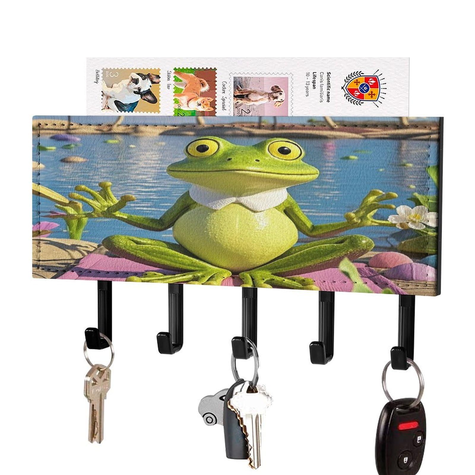 FekiLoot Funny Yoga Frog Key Holder Wall Mount Key Hanger with 5 Hooks Decorative Key Rack Hanging Key Hooks with Mail Organizer Key Holder for Wall Living Room Kitchen Bathroom Hallway Black