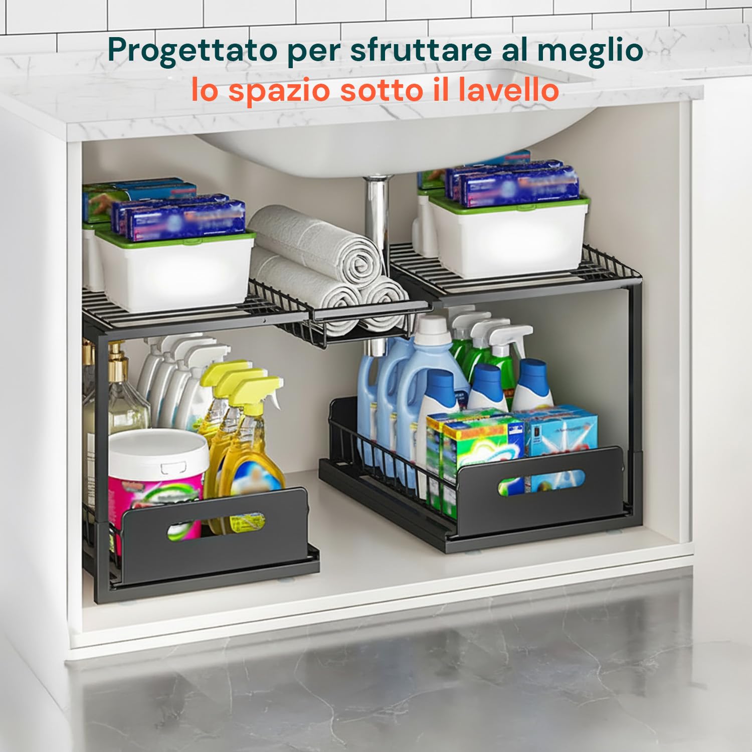 Wintem - Organizer Sottolavello Cucina Espandibile in Acciaio con 2 Cassetti Estraibili, Scaffale Salvaspazio Regolabile per Lavello, Mobile Cucina, Bagno e Lavanderia, Montaggio Facile