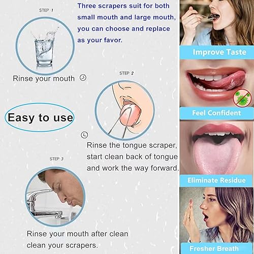 Miniatura 3 de Raspador de lengua de 3 piezas para adultos con forma de U, ahuecado y cuchara, limpiador de lengua de acero inoxidable con estuche de viaje de