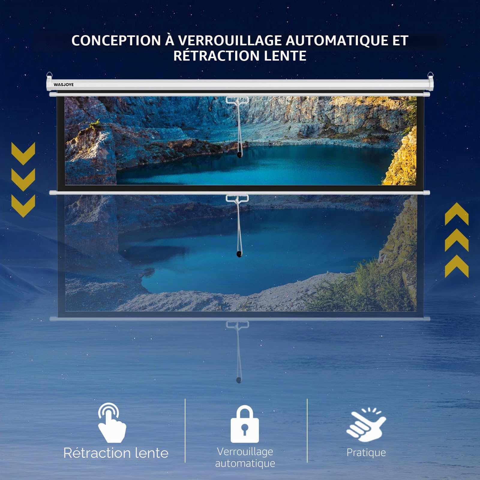 WASJOYE Écran de Projection Manuel - Universal 100" Toile Videoprojecteur Enroulable Rétractable, Projector Screen avec Verrouillage Automatique, Hauteur d'Ecran réglable, Lunette Noire Masquée