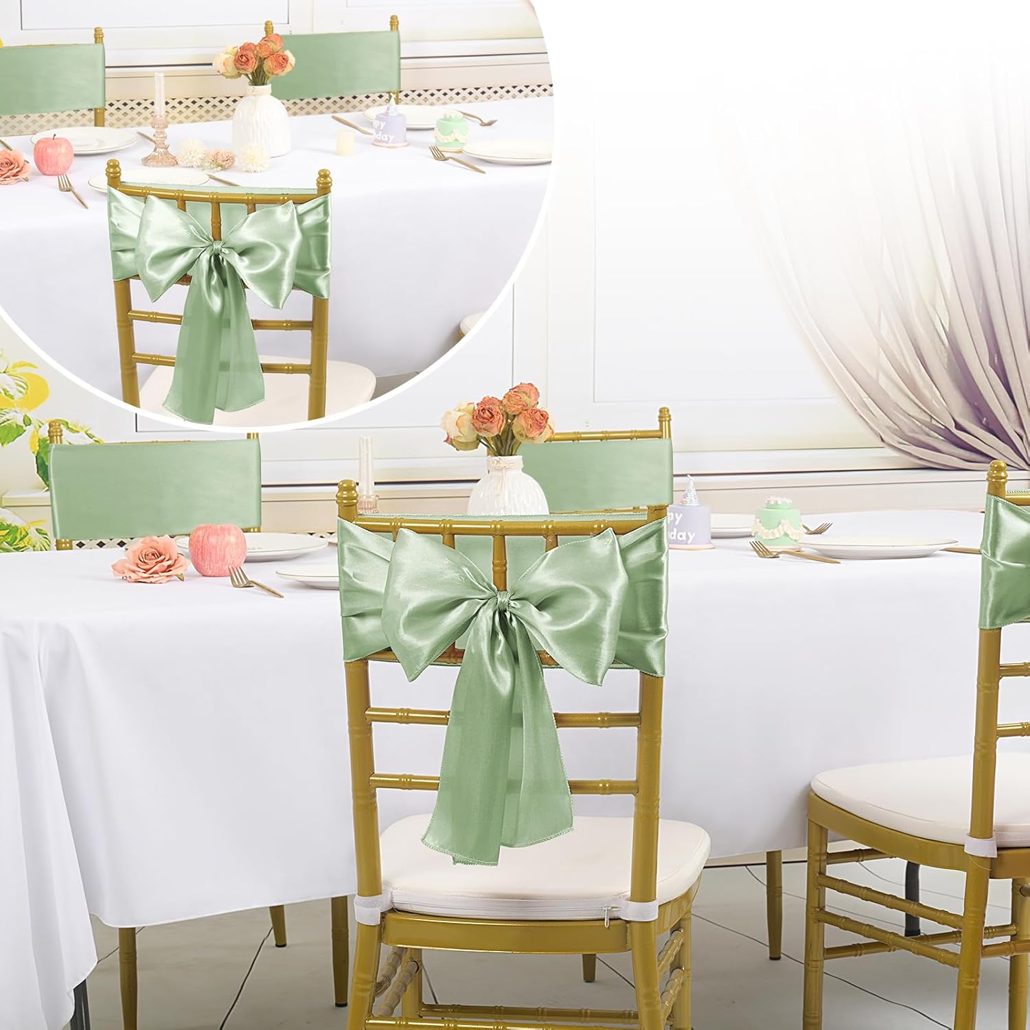 Teruntrue 60 PCS Sage Green Satin Chair Sashes Ties,Bows Universal Chair Cover,Sashes Chair Sashes for Wedding Reception,Banquets Party, Hotel Event, Chairs Decoration(7 x 78 inch)