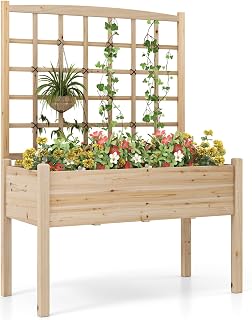 COSTWAY Flower Box with Trellis, Spruce Plant Box with Trellis and Drain Holes, Plant Pot with Privacy Cover, Raised Bed Flower Pot Plant Aid for Garden Yard Balcony Nature 119 x 60 x 160