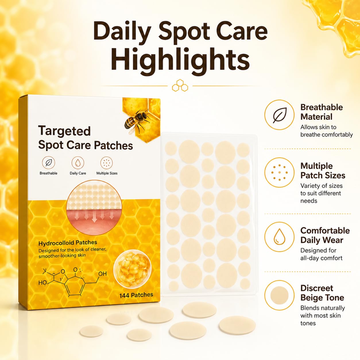 Honey Infused Hydrocolloid Spot Cover Patches，288Strips/2Box