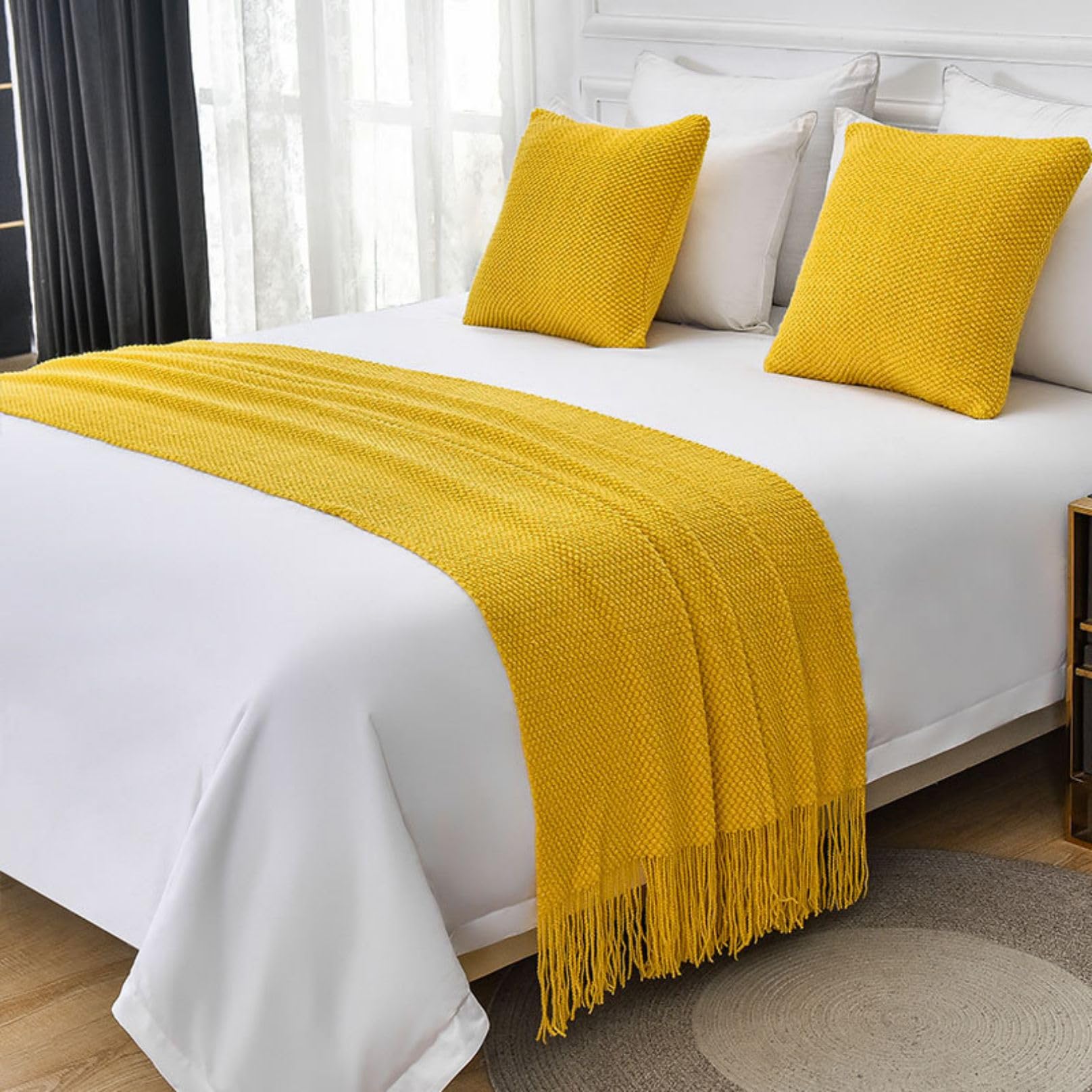LEEMQCYA Bed Runners & Scarves Yellow Bed End Towel for Foot of Bed Throw Blanket Bedroom Bedspread Protection Hotel Bed Scarf for Living Room Wedding Dormitory Decor,Single/Twin — image 1