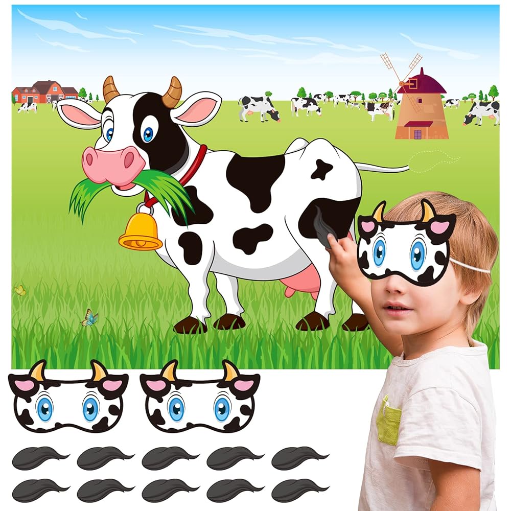 NEBURORA Pin The Tail on The Cow Game with 30 Tails for Forest Farm Birthday Christmas Supplies Pin Game, Boys Girls Woodland Animal Party Decorations Home Wall Decor