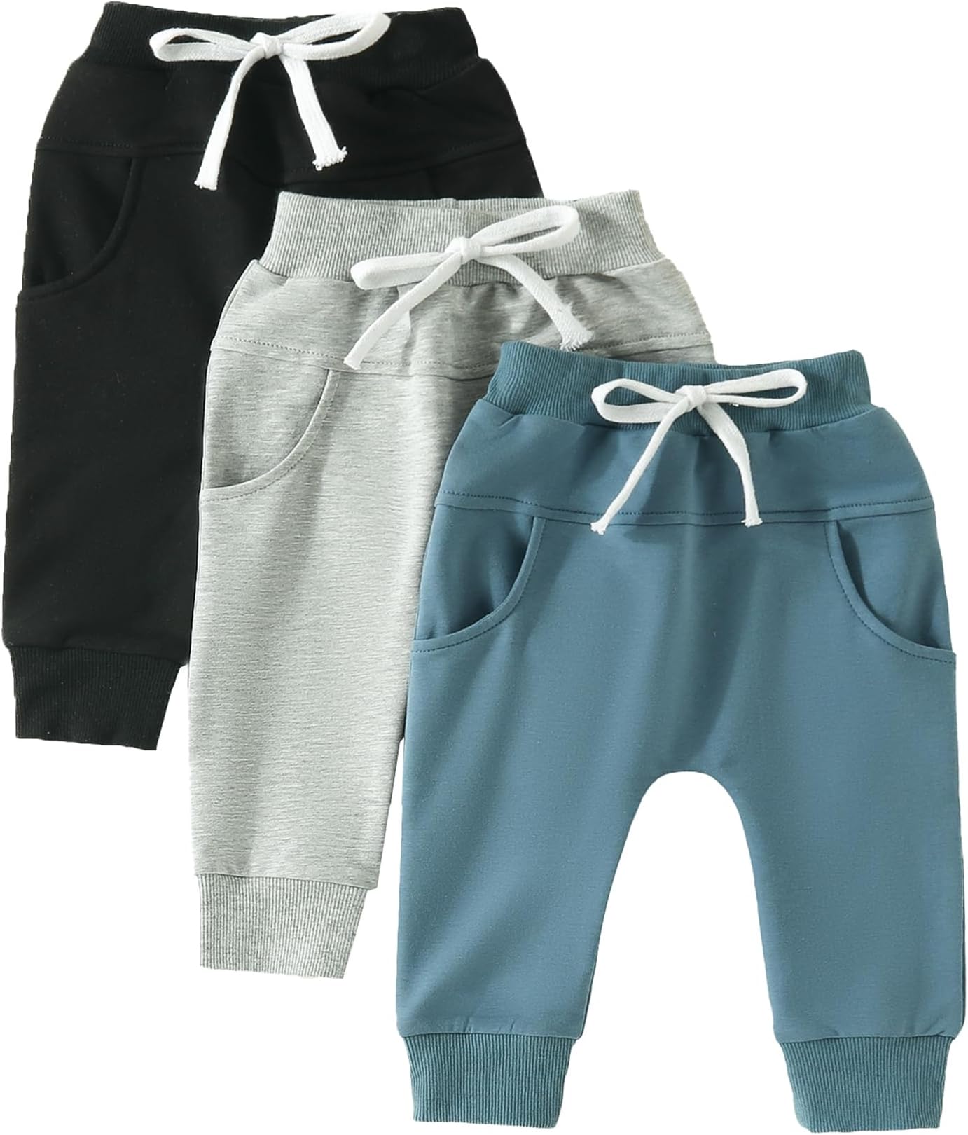 Toddler Boys Pull on Jogger Pants 3 Pack Drawstring Trousers Sweatpants Athletic Workout Sports Pants with Pockets