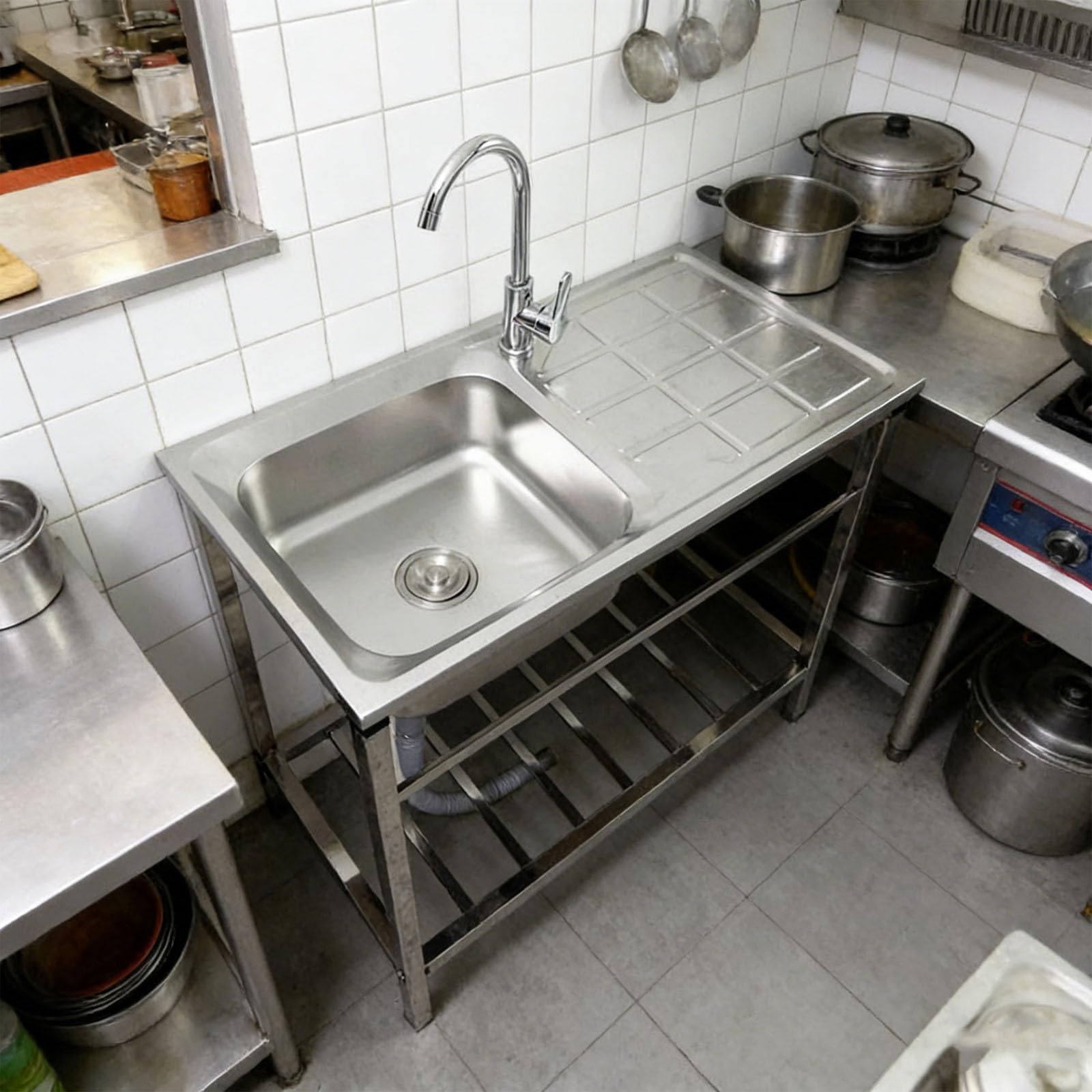 Fregadero Exterior Jardin Acero Inoxidable con Patas Fregadero Portatil Camping Fácil De Limpiar con Grifo Y Soporte Fregadero Comercial para Lavandería Cocina Al Aire Libre