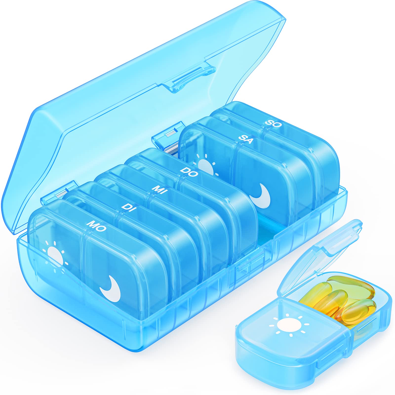 AUVON Tablettenbox 7 Tage Morgens Abends, Pillendose 7 Tage 2 Fächer, handlicher und feuchtigkeitsbeständiger Medikamentenbox für die Hand- oder Hosentasche, um Medikamente aufzubewahren (Blau)
