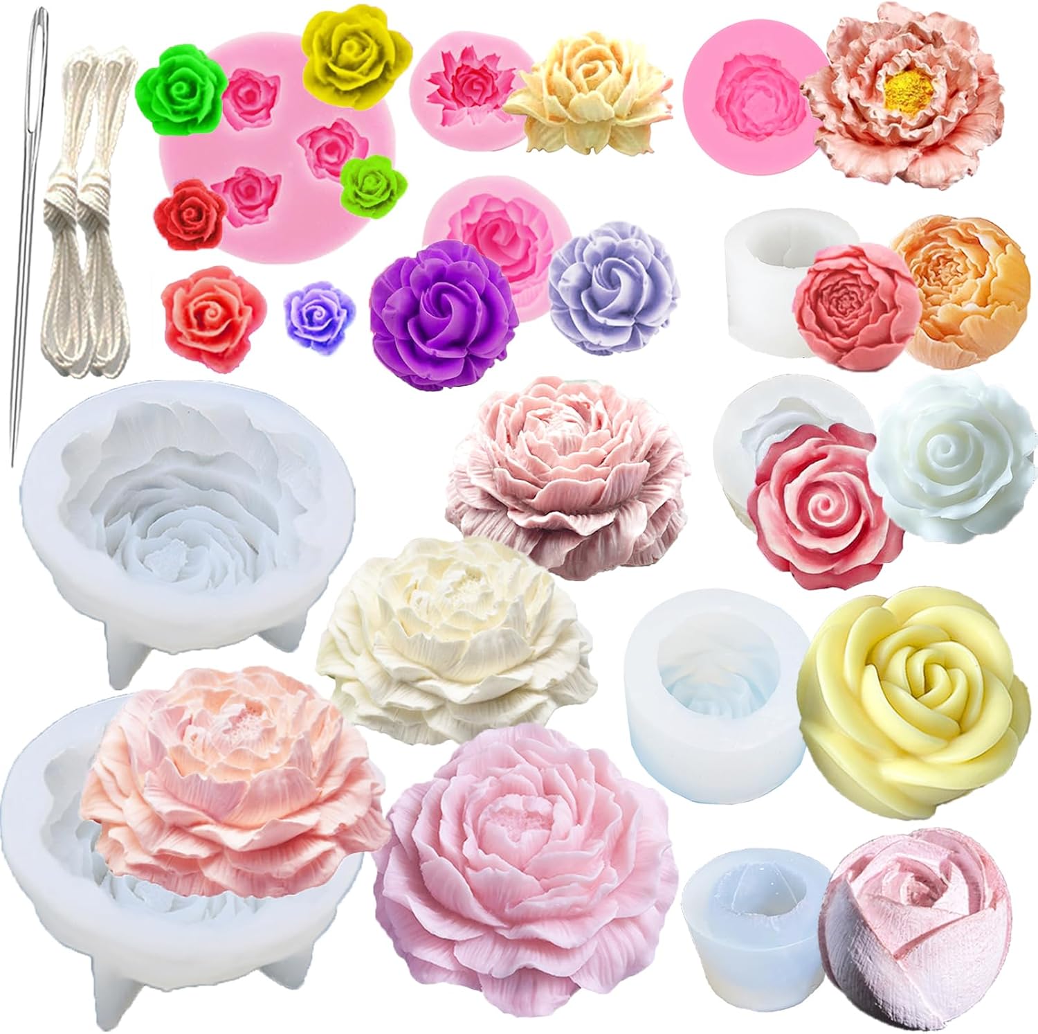13 PCS Flower Silicone Candle Mold Flower Molds Candle Making Molds with Large-Eye Wicking Needle,Candlewick for Soy Wax, Beeswax, Candle Making Resin Cake Mold Clay Making Molds