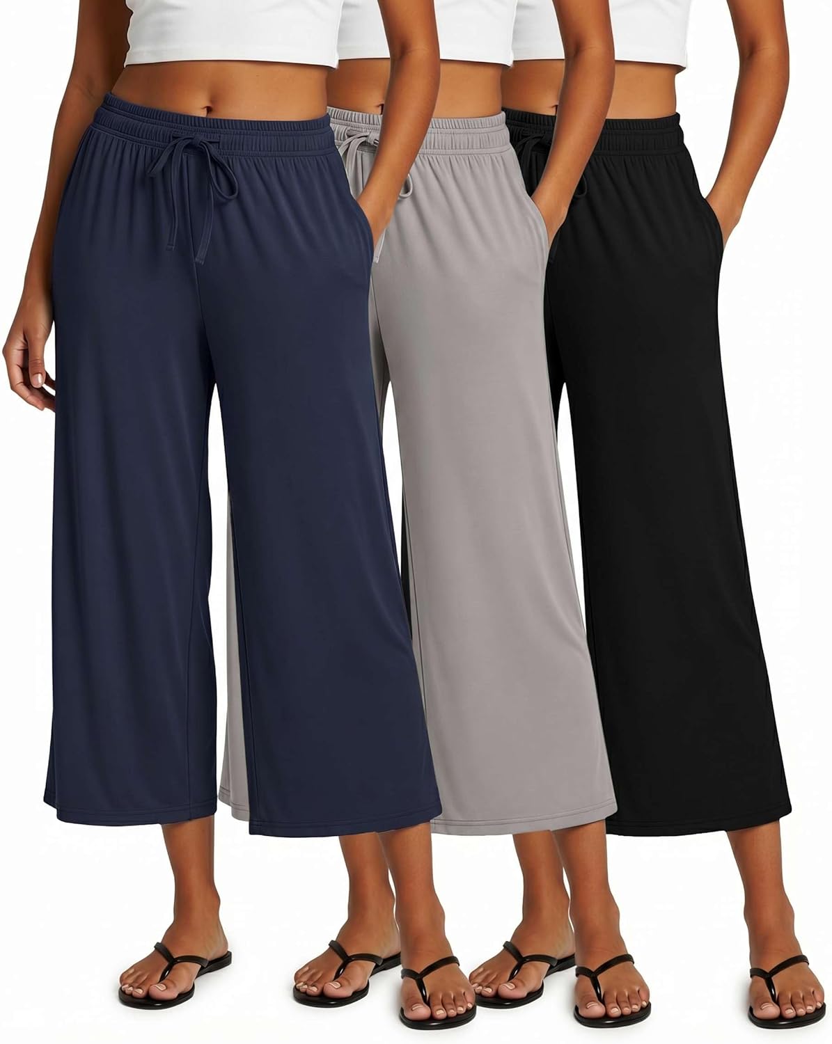 Real Essentials 3 Pack: Women's Ultra-Soft Wide Leg Loose Capri Open Bottom Pants - Yoga Lounge Pockets(Available in Plus)