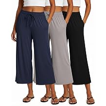 Real Essentials 3 Pack Womens Ultra-Soft Wide Leg Loose Capri Open Bottom Pants - Yoga Lounge PocketsAvailable in Plus