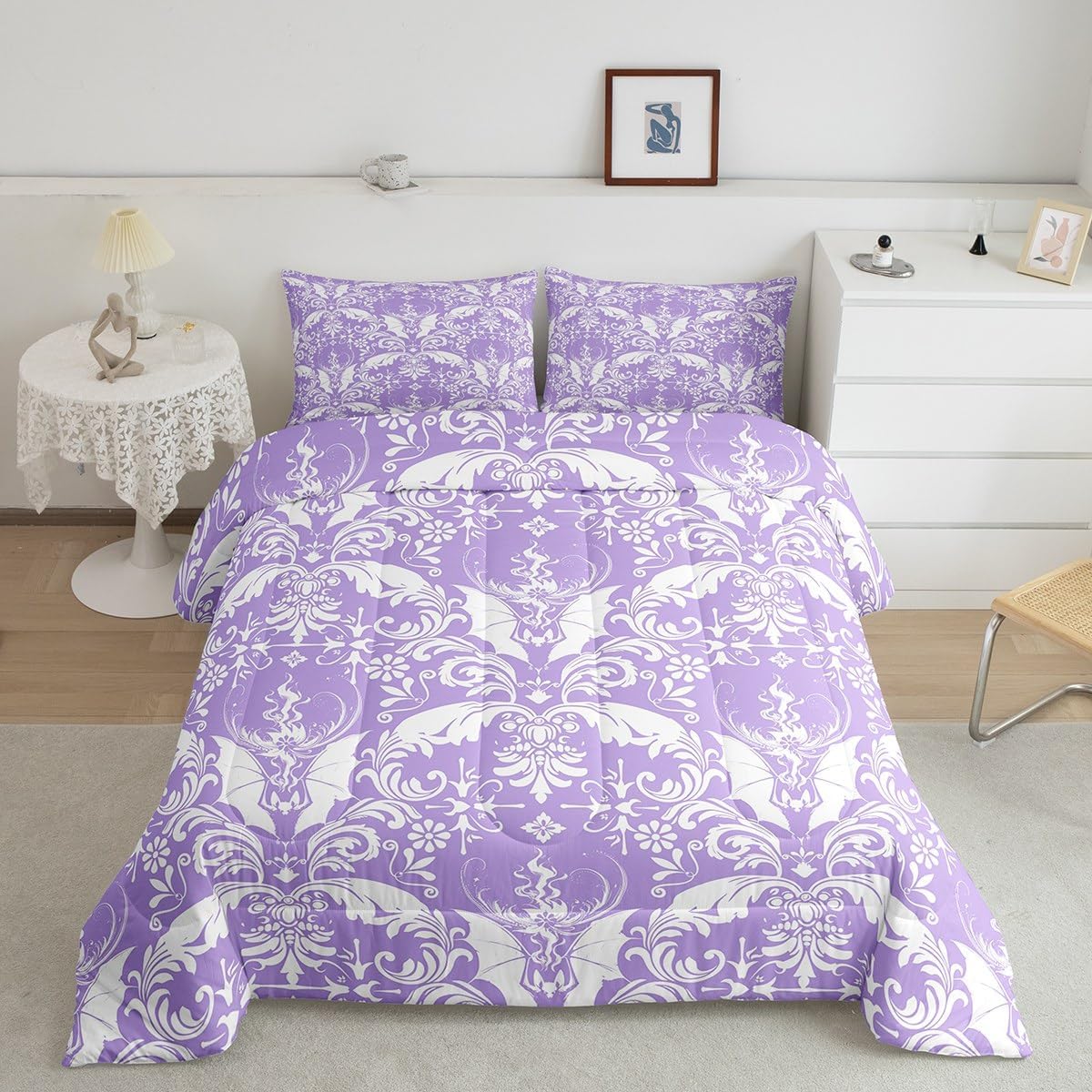 Feelyou Kids JacquardBedding Set King Size Boho Damask Duvet Quilt for Boys Girls Teens Bedroom Decor Vintage Damask Floral Comforter Set Breathable Soft Microfiber Women Men with 2 Pillow Case