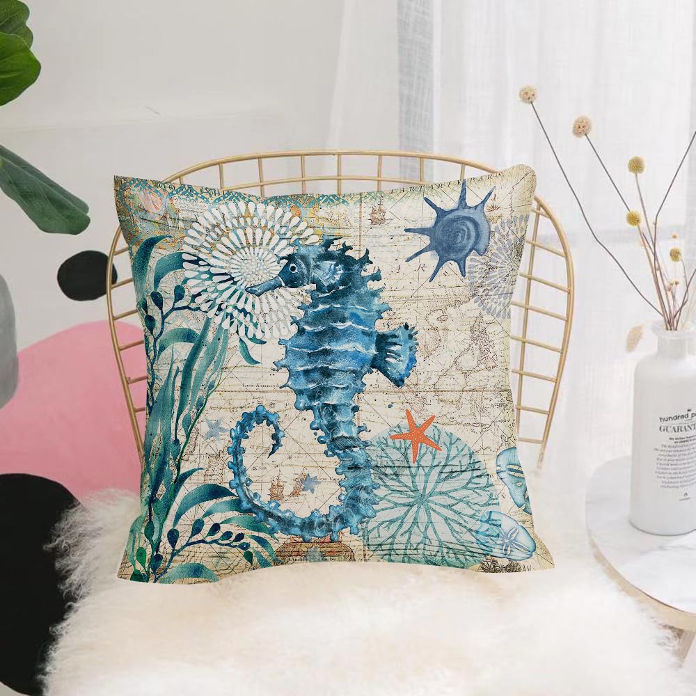 HYMSXW Cushion Cover,Throw Pillow Case Home Decorative for Living Room Bedroom Sofa Chair 20X20 Inch,Navigation chart deep sea, blue seahorse and sea creature pattern on old chart,Pillowcase 50X50cm