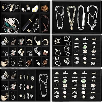 6 Pcs Jewellery Tray Jewellery Organiser Jewellery Box,Ring Necklace Earring Box,Stackers Jewelry Storage Drawers,Holds Trinket Necklace Bracelet Ring EarringBlack