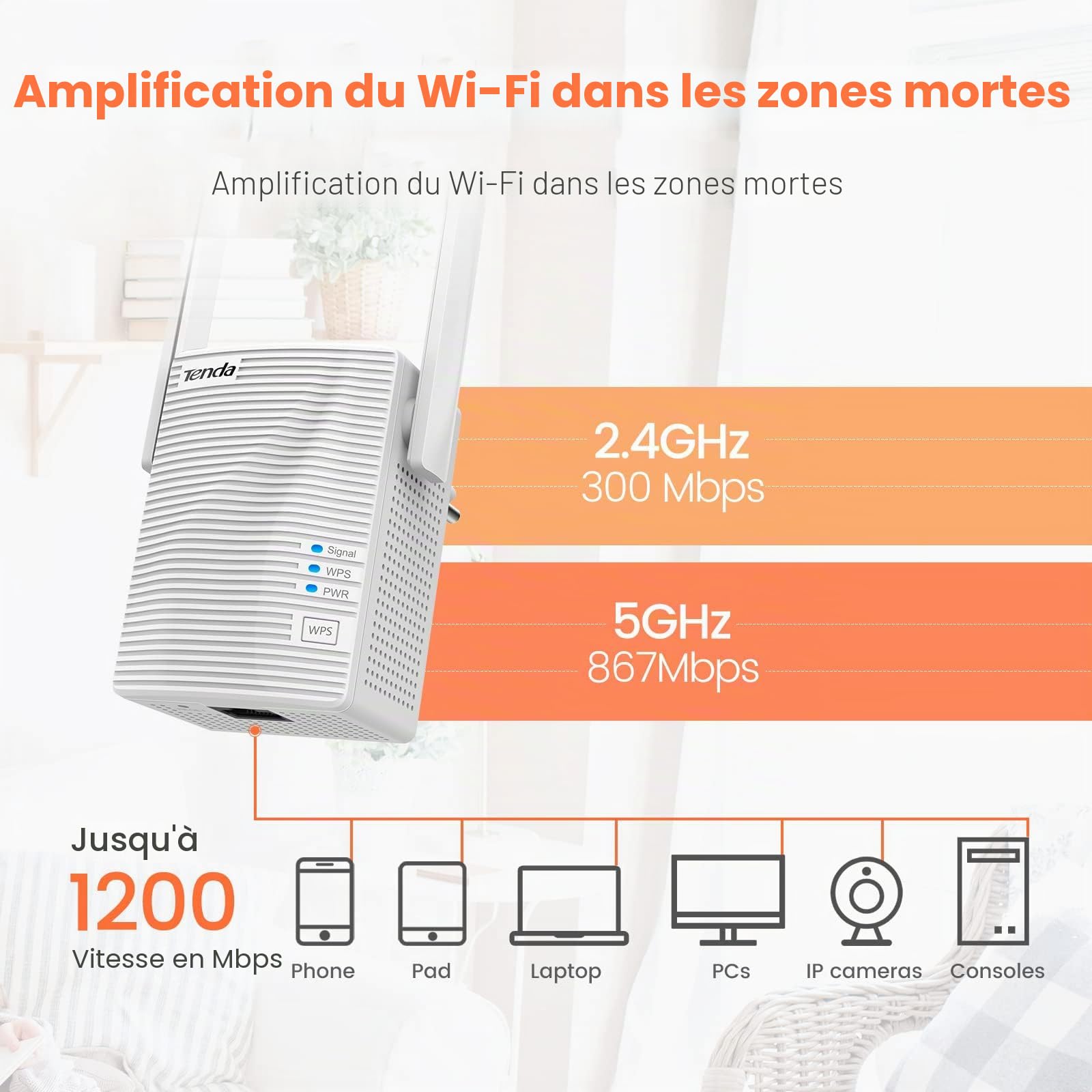 Tenda A18 Wireless WiFi Repeater, Dual Band AC1200, 1200Mbps Speed, Extender and Wi-FI Access Point, LAN Port, Fast Ethernet Port, Dual Antenna, White