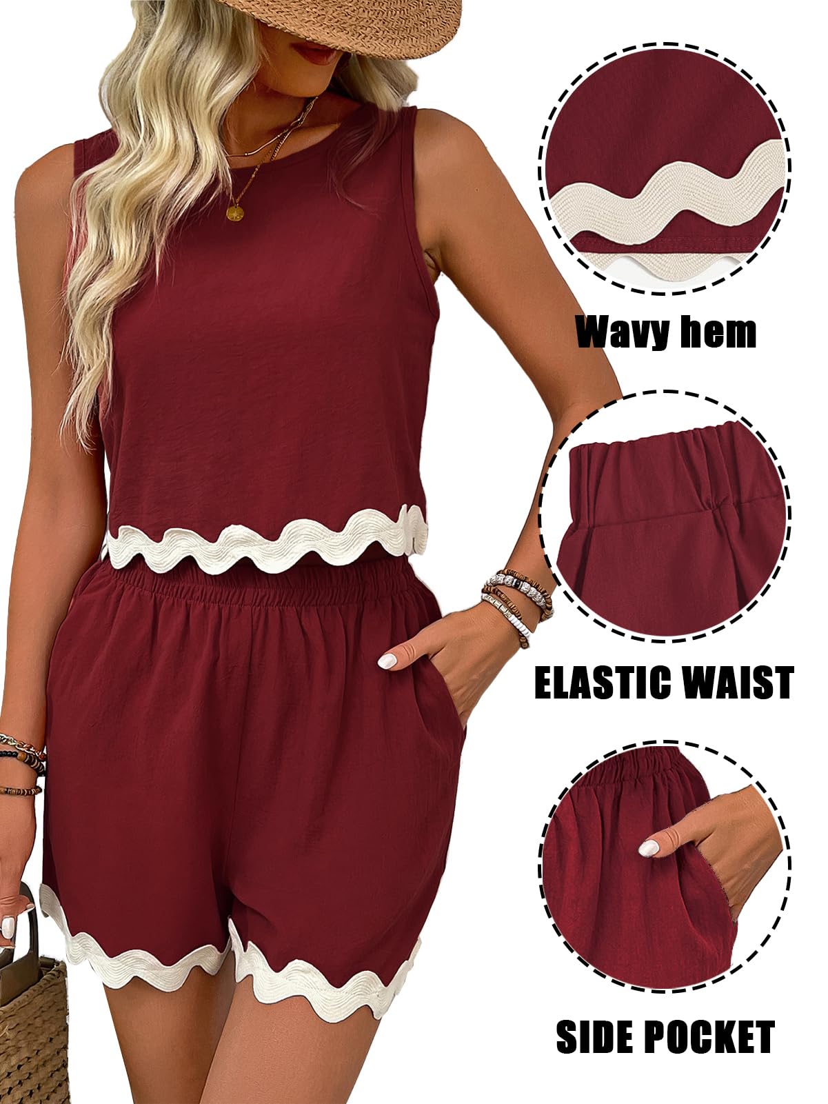 Rayson Conjunto de 2 Piezas Mujer Verano Casual Top Sin Mangas y Cortos con Bolsillos Borde Ondulado Clásico y Versátil