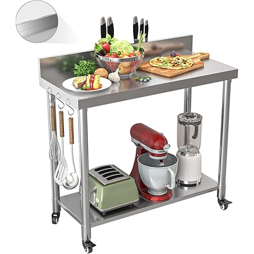 48"x18" Stainless Steel Table with Wheels, Backsplash and Knife Blocks, Prep Tables for Commercial Kitchen Steel Countertop Work Table Workbench for Home Restaurant Garage