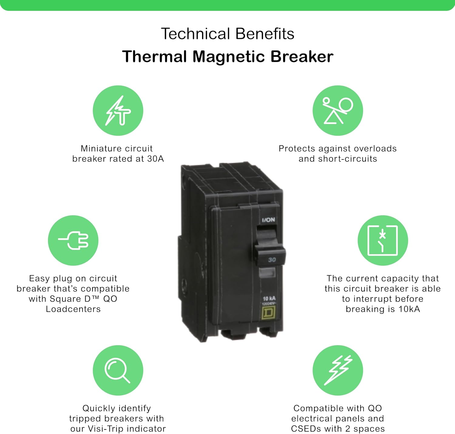 Square D by Schneider Electric Qwik Open 30 Amp Mini Circuit Breaker, 2 Pole, 120/240V AC, 10kA Breaking Capacity, Plug in Mount, Commercial and Residential Use, 5-Pack (QO230CP)