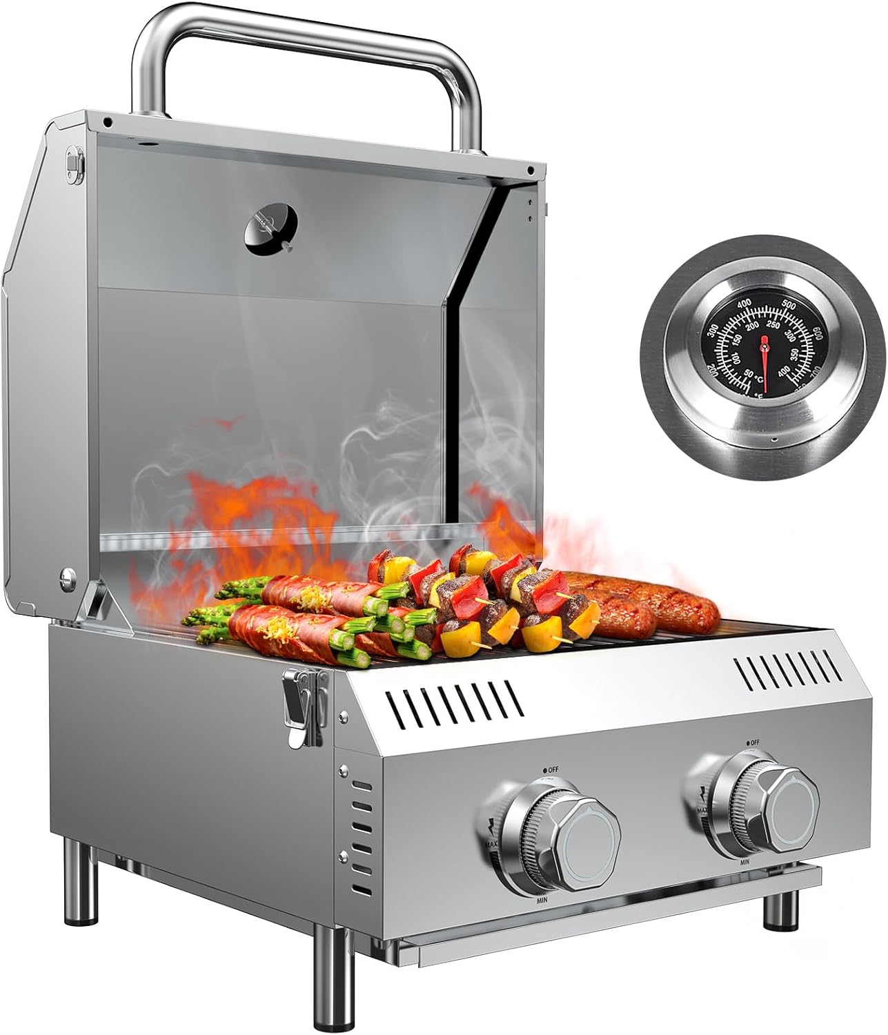 Llamaviva Tabletop Propane Gas Grill, 2 Burner 20,000 BTU Stainless Steel Portable BBQ Grill, Compact Outdoor Grill for Camping, RV, Patio, Tailgating, Picnic, Backyard Cooking