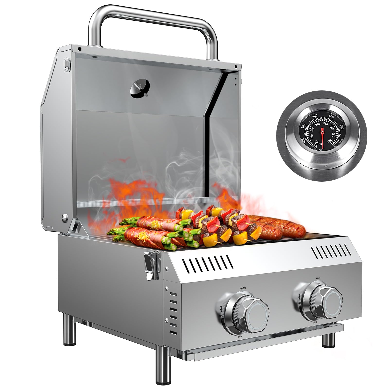 Llamaviva Tabletop Propane Gas Grill, 2 Burner 20,000 BTU Stainless Steel Portable BBQ Grill, Compact Outdoor Grill for Camping, RV, Patio, Tailgating