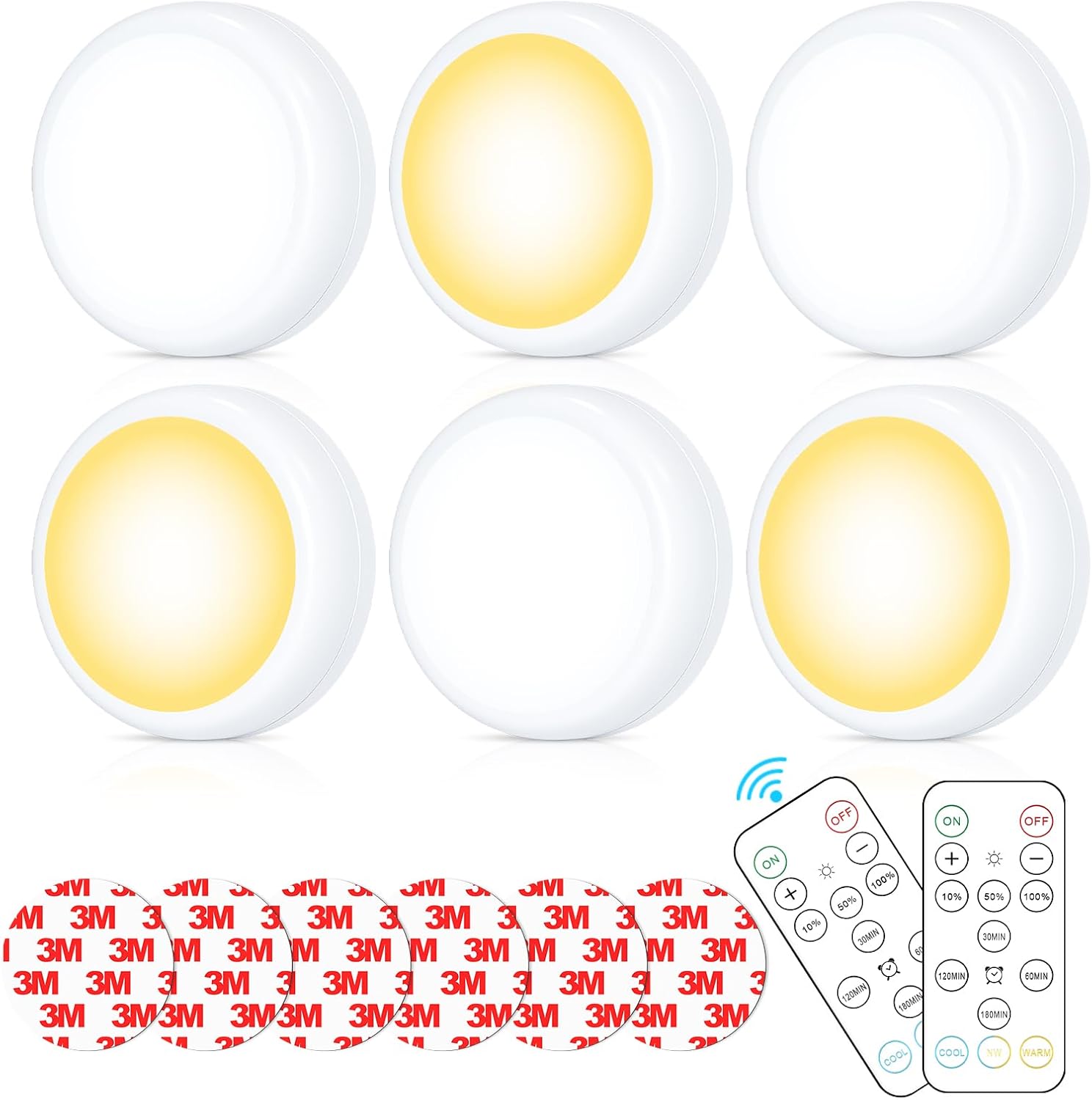 Battery Operated Puck Litghts with Remote Warm Natual Cool White Three Color Wireless Under Cabinet Lighting Push Lights Stick On Tap Lights with Dimmer & Timmer for Bedroom, Closet