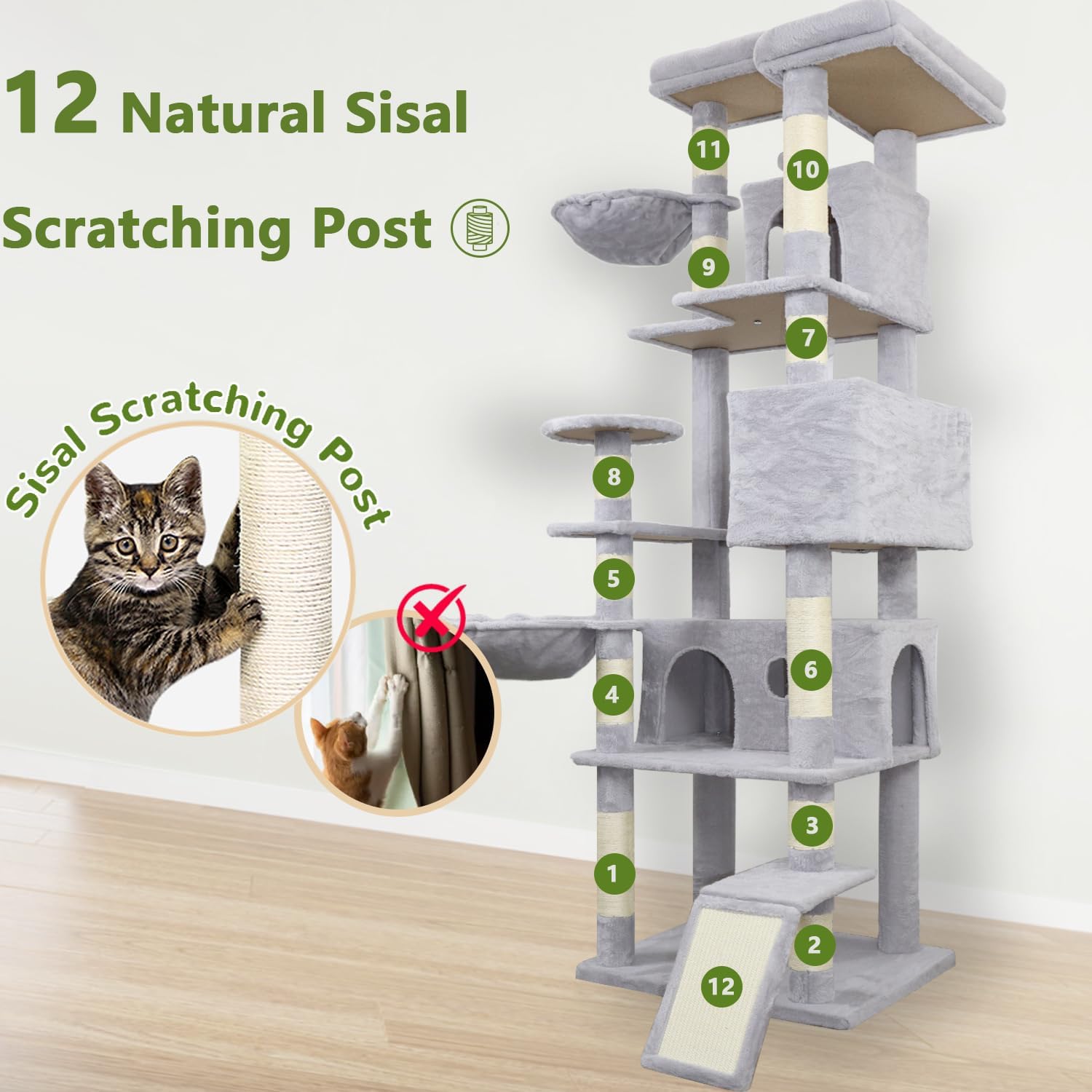 84.6in Cat Tree, Patent Fabric Multilevel Cat Tower for Adult Cats, Climbing Tree House and Towers with Condo Hammock Scratching Post Large Platform Wide Base