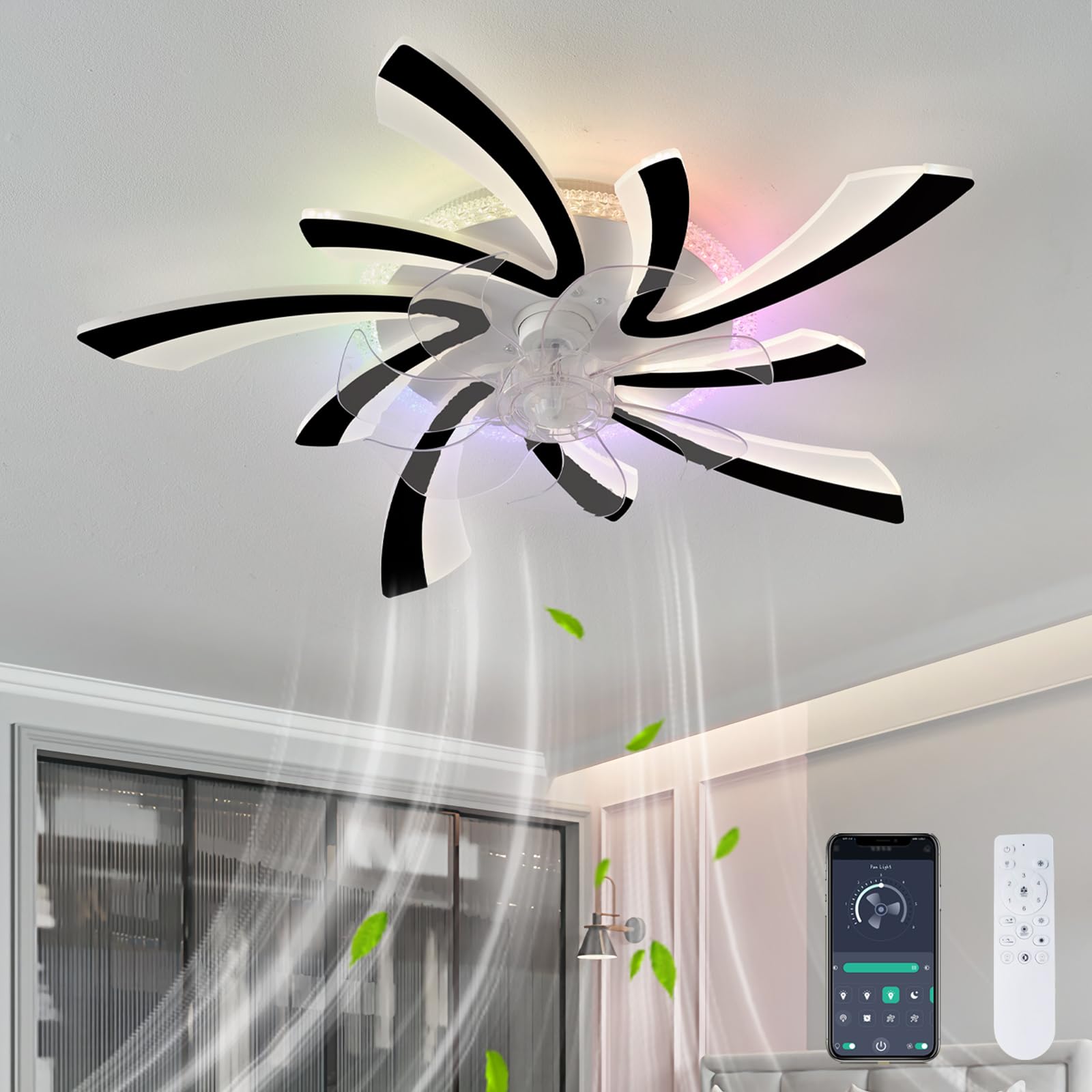 KVOYYIRA Silent Bedroom Ceiling Fans with Lamps, RGB Kids Fan Light Ceiling LED Dimmable Reversible, DC Motor Chandelier Ceiling Lamp with Remote Control APP-Black