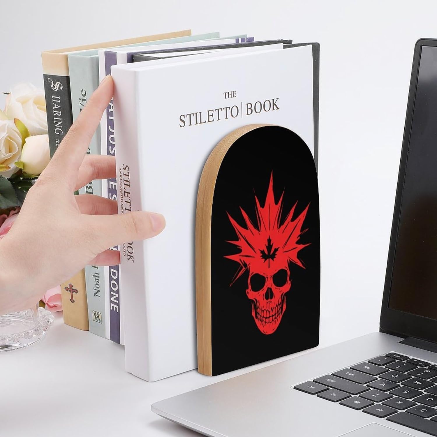 Maple Leaf Skull Canada Flag Cute Wood Book Ends Decorative Bookends 1 Pair Non-Skid for Shelves Home Office 7 X 5 Inch