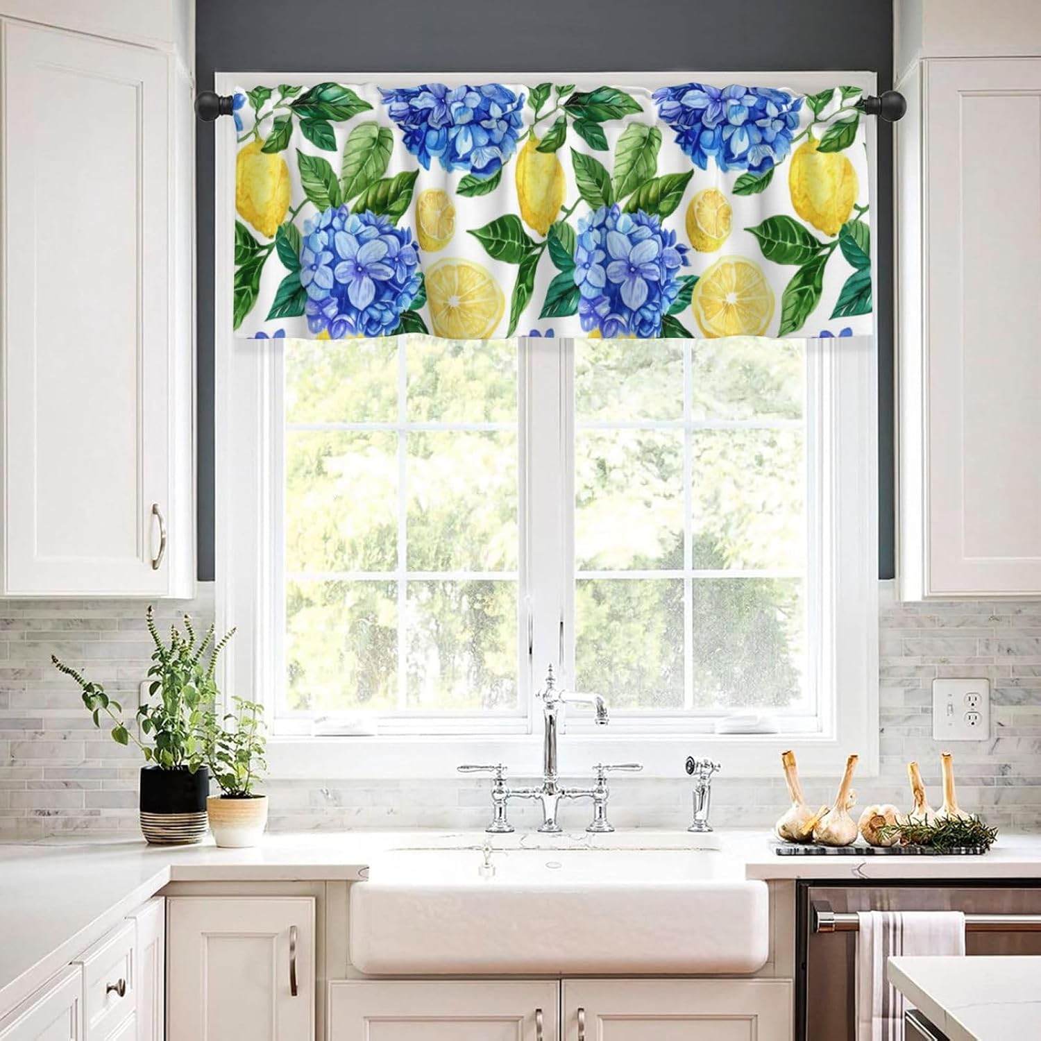 Valance for Windows Summer Watercolor Blue Hydrangea Yellow Lemon Kitchen Curtains Valances Rod Pocket Window Treatment Short Topper Curtains 1 Panel, 54x18inch