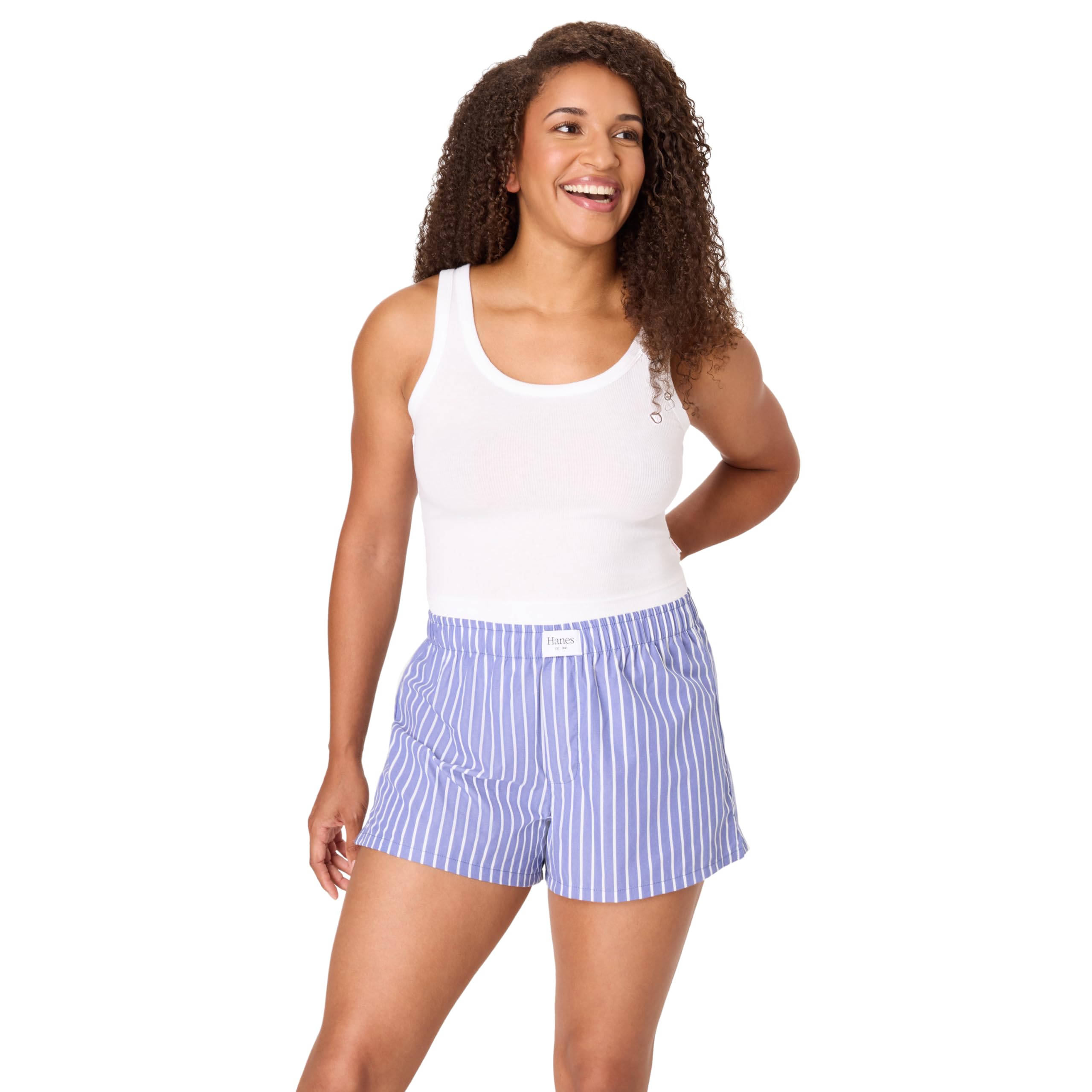 Hanes Women's Pajama Set - Originals Comfywear Tank & Boxers Small White/Beaming Violet Stripe