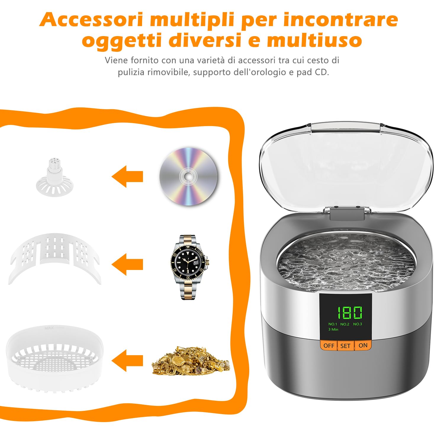 KECOOLKE Pulitore ad Ultrasuoni, 750ML Lavatrice Ultrasuoni in Acciaio Inox con 5 modalità di Tempo, Pulitore Ultrasuoni per Pulizia Gioielli, Occhiali, Orologi, Anelli, Collane