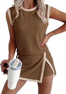EVALESS 2 Piece Sets Women Summer Workout Outfits | Ribbed Knit, Tank Top and Lined Split Skirt, Womens Two Pieces Lounge, Matching Set, Travel Vacation Athletic Casual Wear