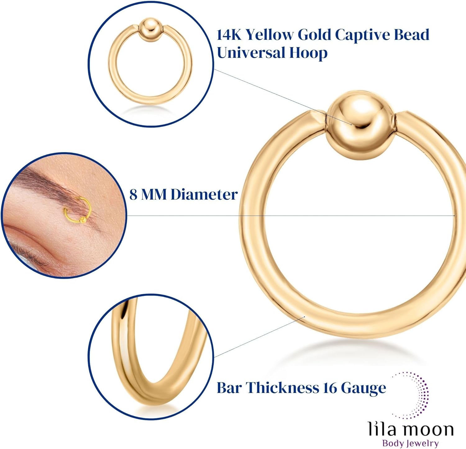 Lavari Jewelers 16 Gauge Captive Bead Hoop Nose Ring for Women - 14k White or Yellow Gold 8 mm Lip Eyebrow Cartilage Tragus Ring - Unisex Hypoallergenic Piercing Jewelry - 16G Body Piercing for Men - Image 6