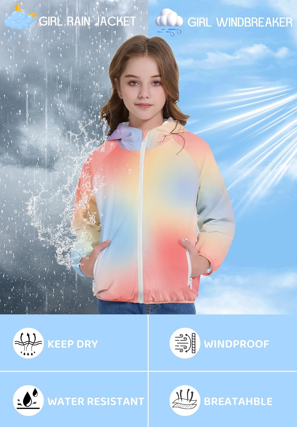 Zando Lightweight Girls Rain Jacket - Hooded Windbreaker Water-Resistant Girls' Outerwear Jackets & Coats for Kids 4-10Y - Image 3