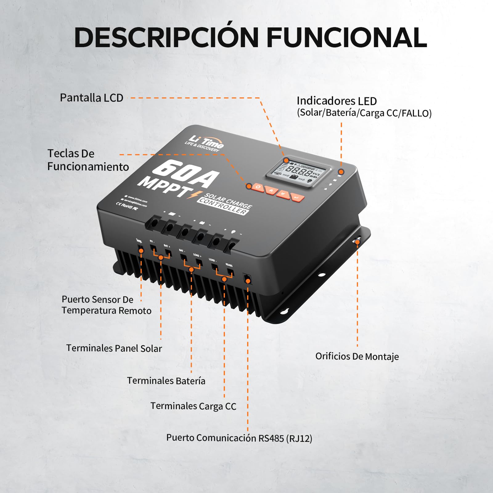 LiTime 60A MPPT 12V/24V/36V/48V Máx. 3200W Entrada DC Automática Controlador de Carga Solar con Adaptador Bluetooth, Pantalla LCD con Parámetros Ajustables, Indicadores LED, para Batería de Litio