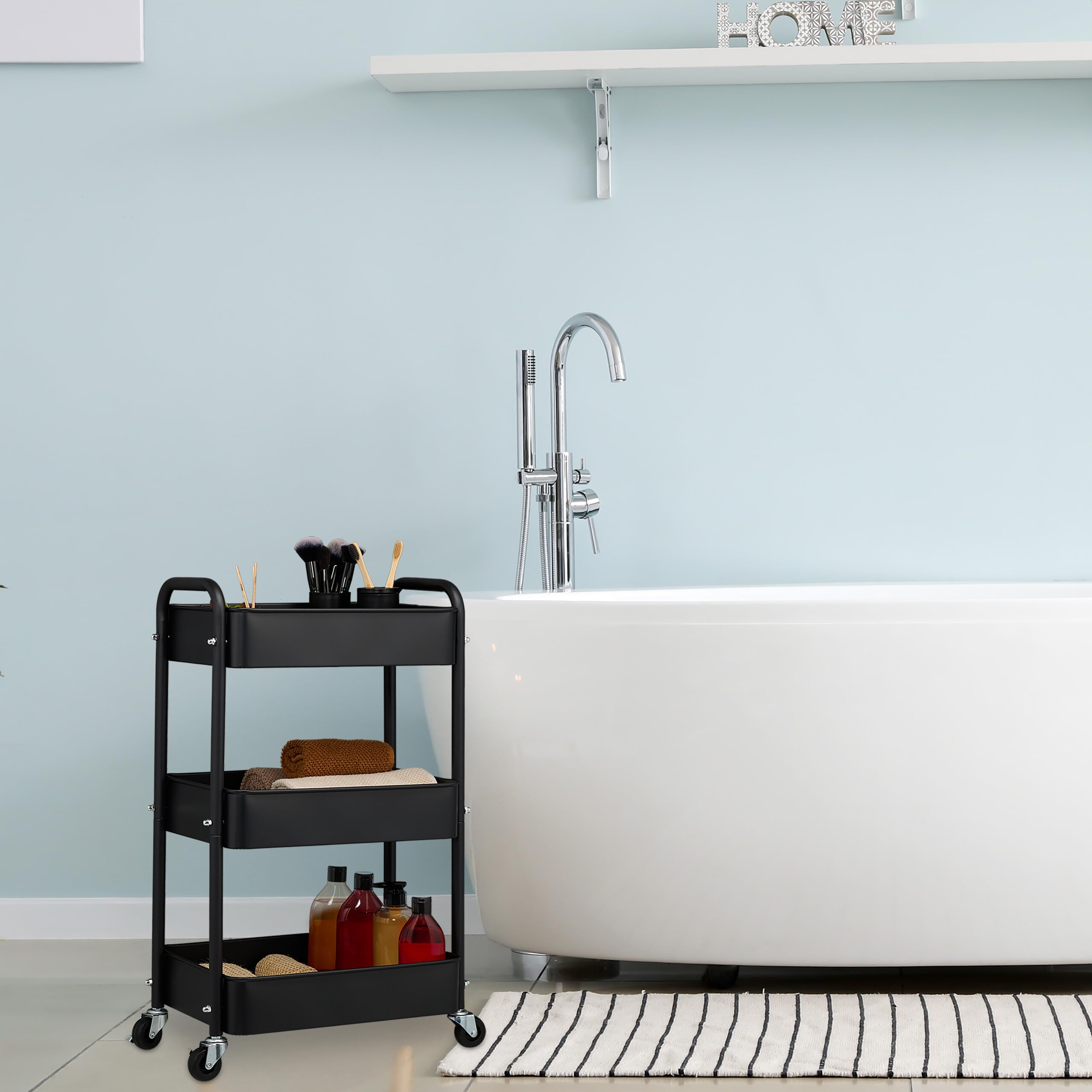 Relaxdays Desserte de Cuisine, 3 Niveaux, Chariot, HLP : 71,5 x 43,5 x 29,5 cm, Salle de Bain, Bureau, Noir