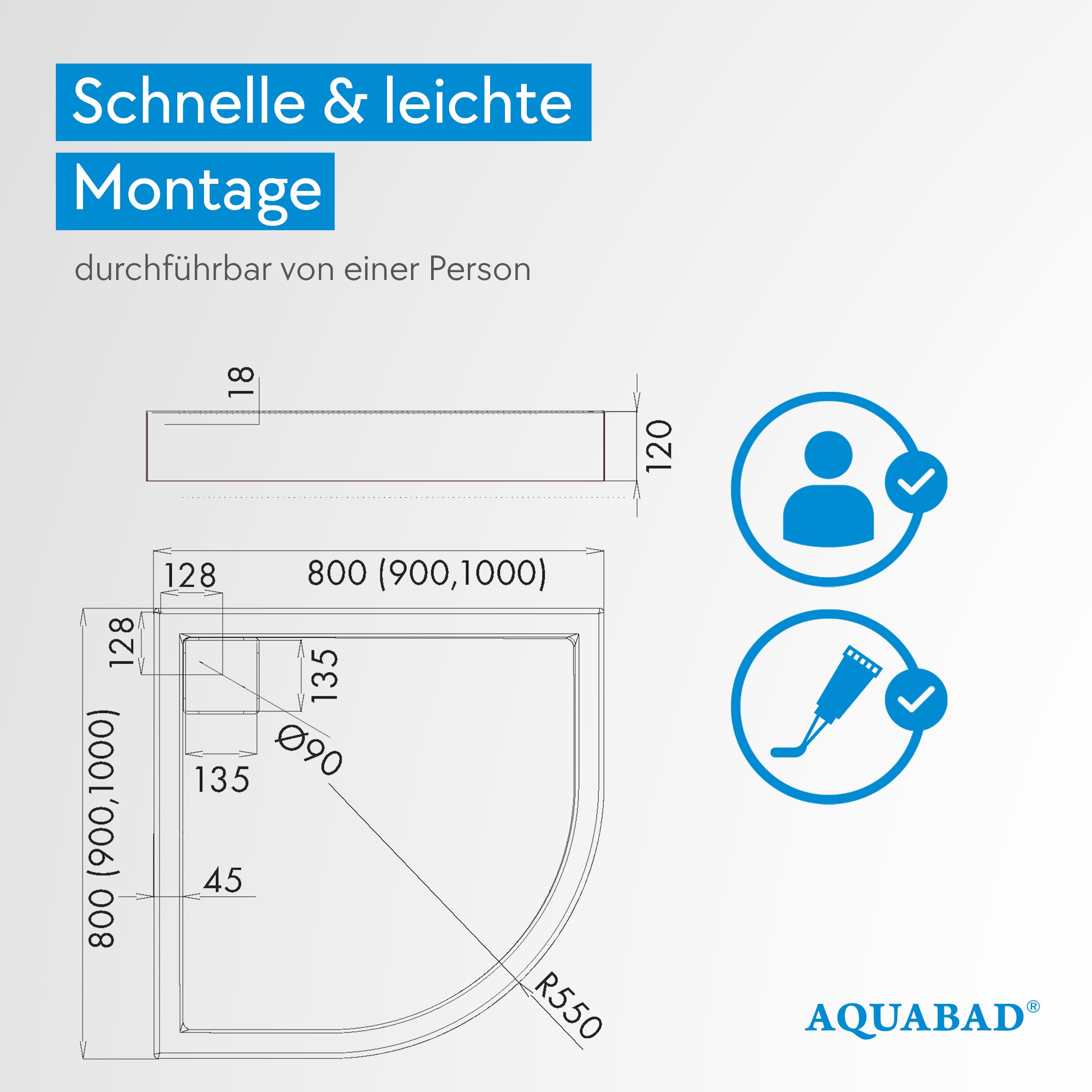 AQUABAD Duschwanne/Duschtasse | Komplettset Finca mit LeakProtect Technologie Smooth White 90x90cm R55 Viertelkreis | inkl. Ablaufgarnitur/Siphon