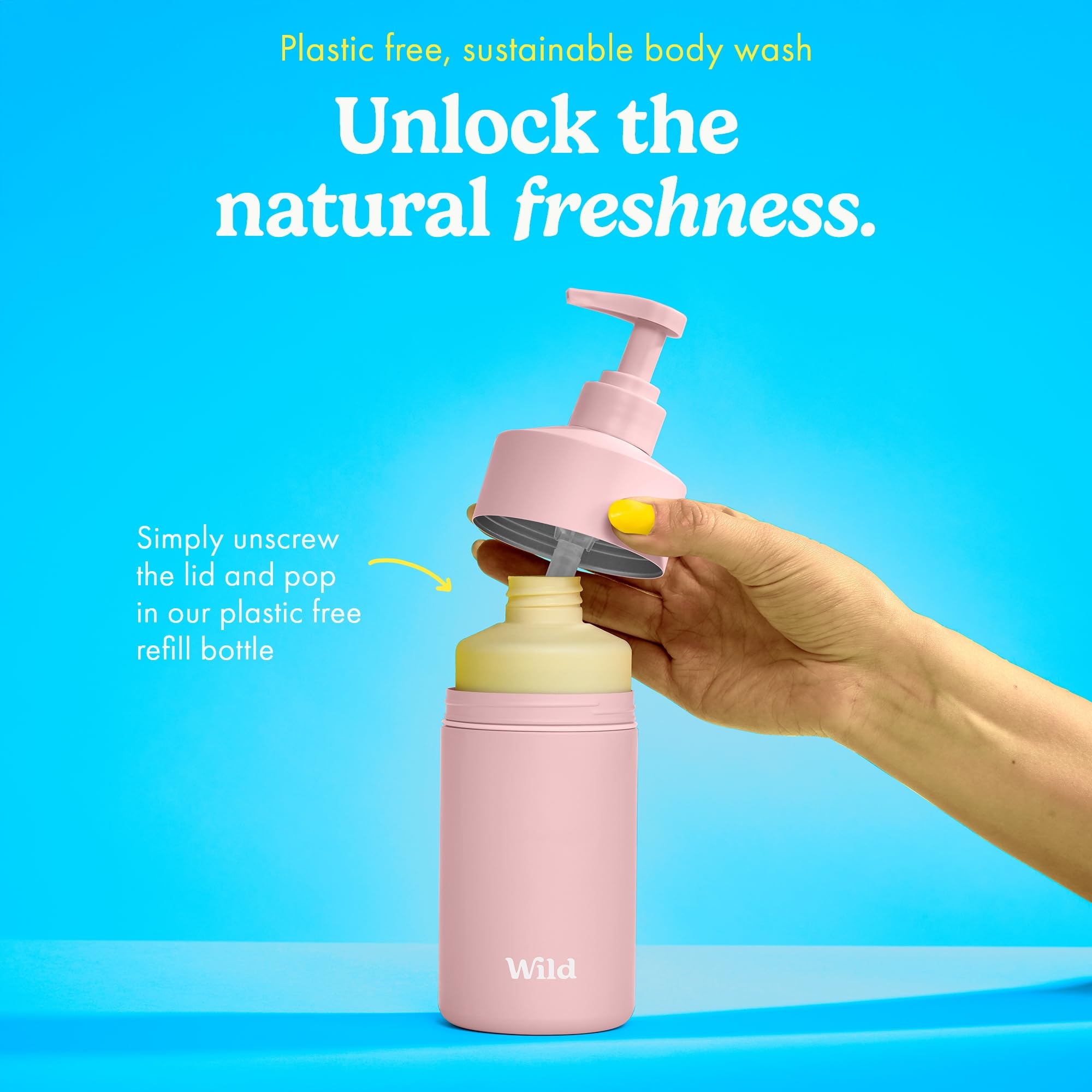 Wild Natural Refillable Body Wash Starter Kit, Rose Pink Aluminium Case & 3 Pack of Shower Gel Refills in a Variety of Scents - Image 4