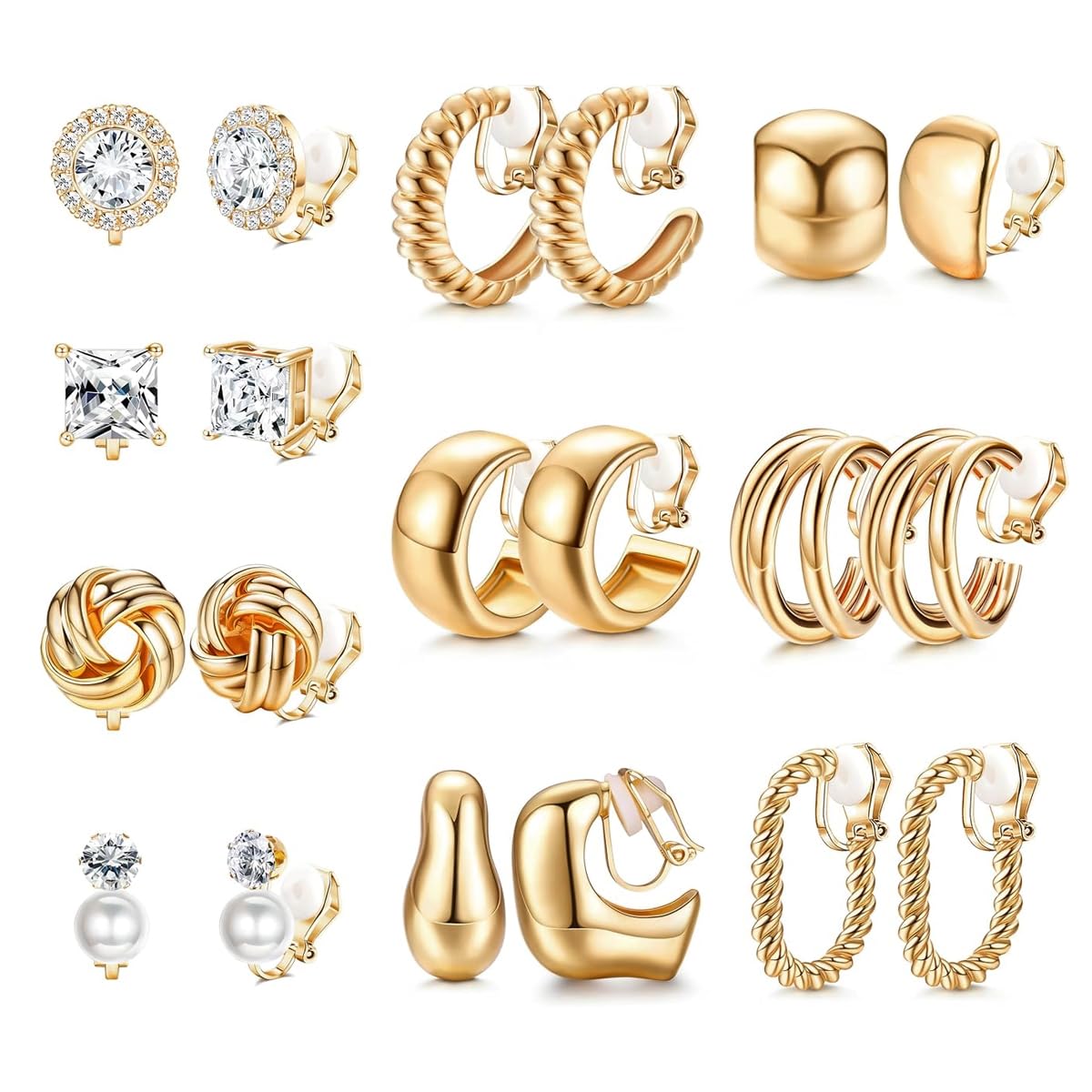 10 Pairs Earrings Set for Women Gold Rhinestone Ear Cuffs Cubic Zirconia Pearl Hoop Earring without Piercing Hypoallergenic Clip on Earrings for Non Pierced Ears-image-19