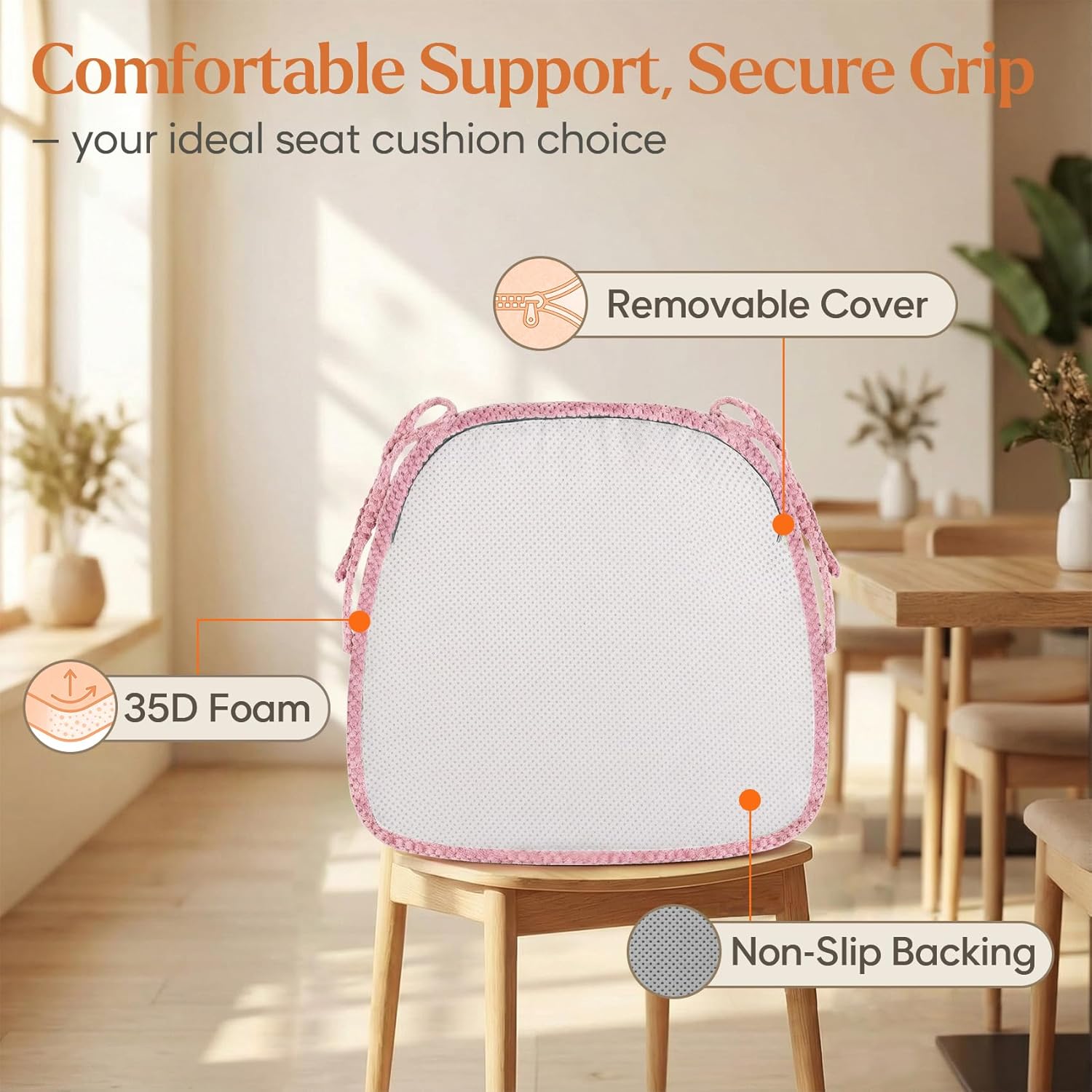 Pink Chair Cushions with Tie Removable Cover, D-Shape Foam Kitchen Chair Seat Pads Non Slip 17"x16" Pack - Image 4