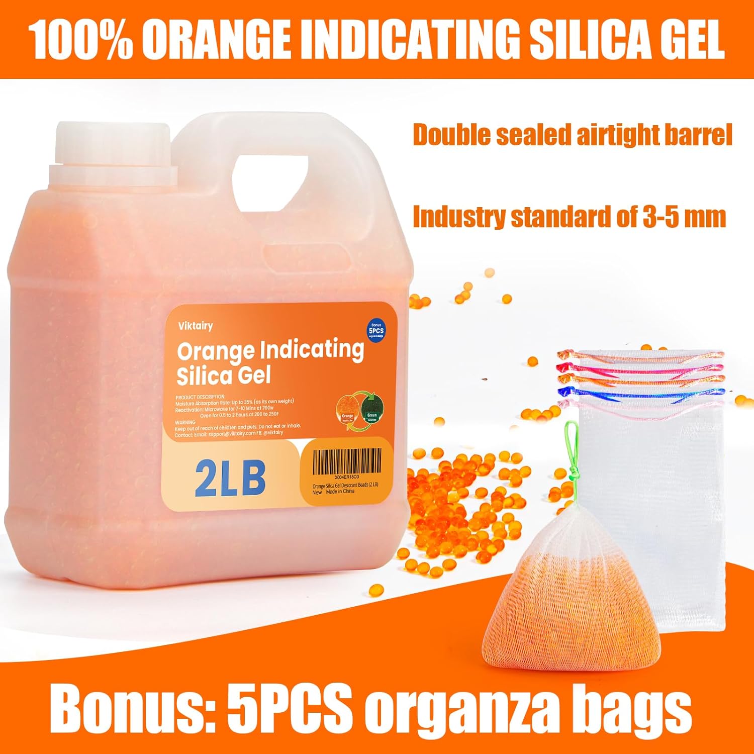 2LB Orange Indicating Silica Gel & Blue Indicating Silica Beads Bundle, Reusable Desiccant Beads